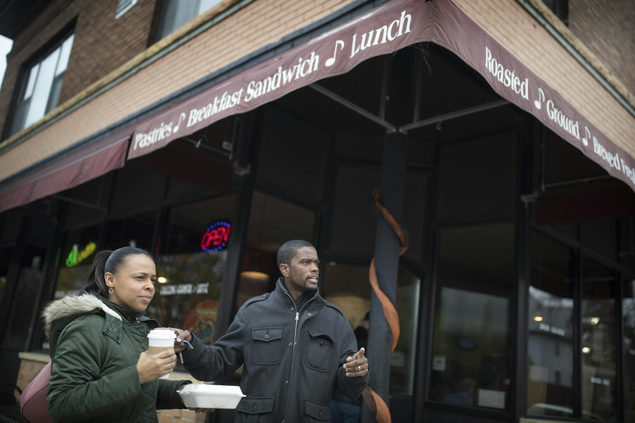 St. Paul mayoral candidate Melvin Carter, his wife Sakeena left the Golden Thyme Cafe after a brief campaign stop Tuesday morning November 7,2017 in St. Paul, MN.
