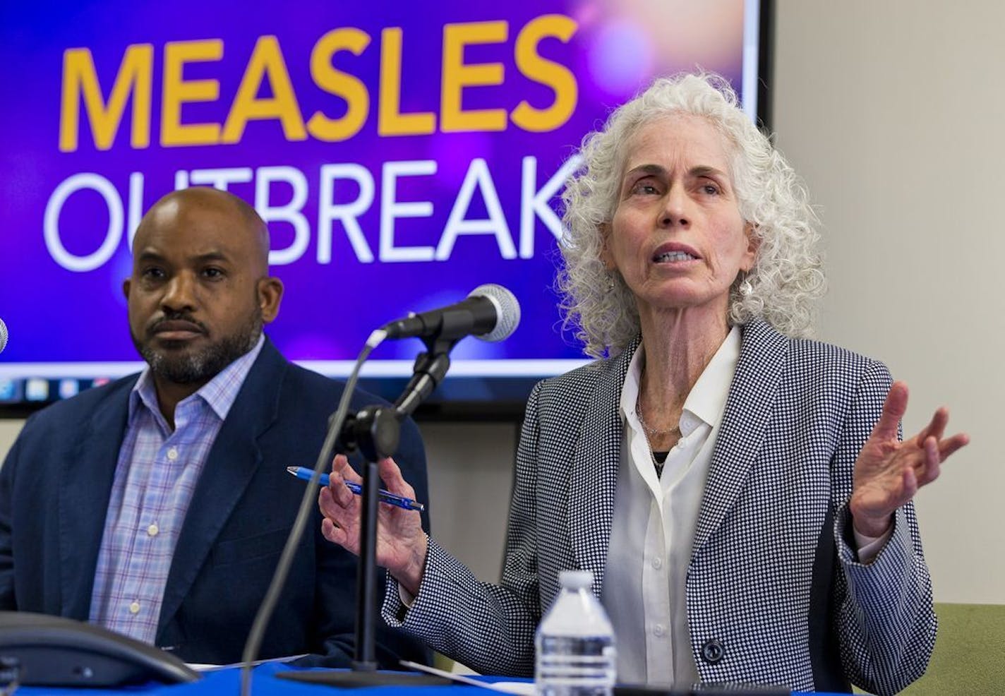 Los Angeles County Department of Public Health experts, Muntu Davis, Health Officer, left, and Director Dr. Barbara Ferrer answer questions regarding the measles response and the quarantine orders during a news conference in Los Angeles Friday, April 26, 2019. Hundreds of students and staff members at two Los Angeles universities were sent home this week in one of the most sweeping efforts yet to contain the spread of measles in the United States, where cases have reached a 25-year high.