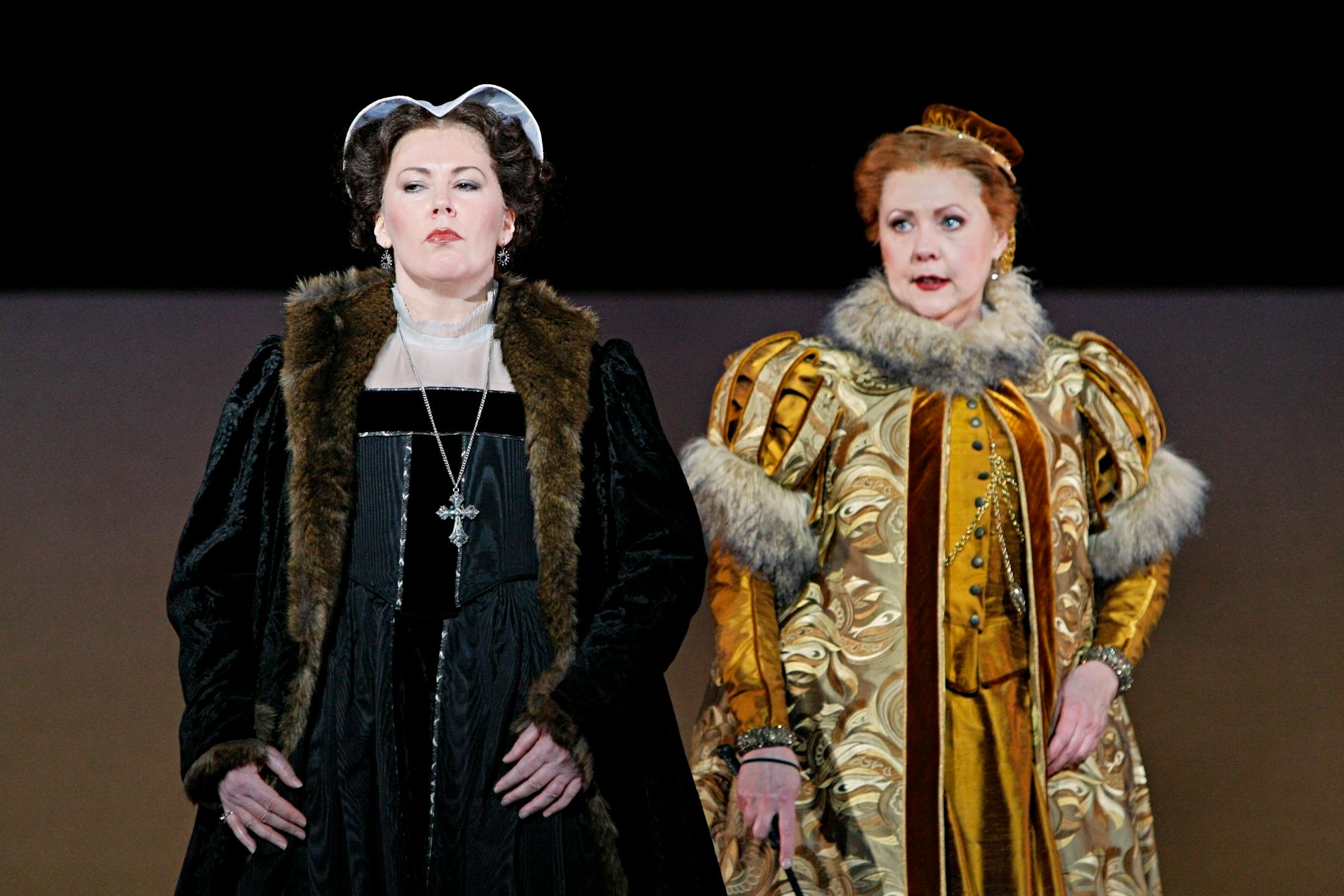 Judith Howarth as Mary Stuart, Queen of Scots and Brenda Harris as Elizabeth I, Queen of England in Minnesota Opera's production of "Mary Stuart."