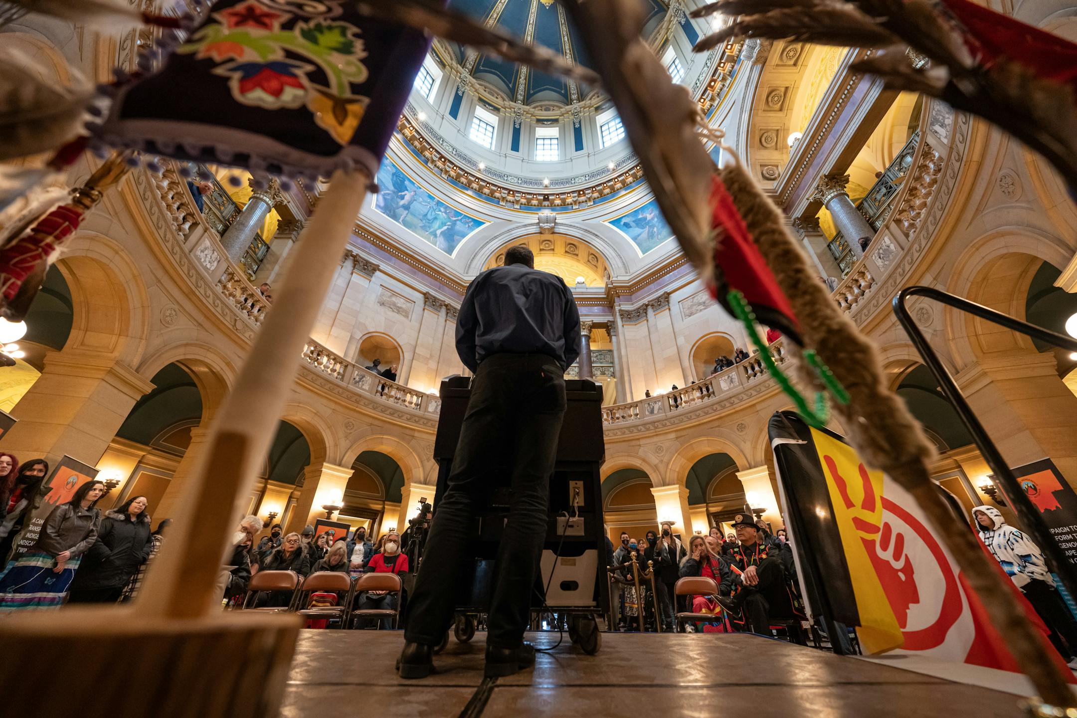 Joe Hobot, president and CEO of American Indian OIC (Opportunities Industrialization Center) spoke at a rally.
