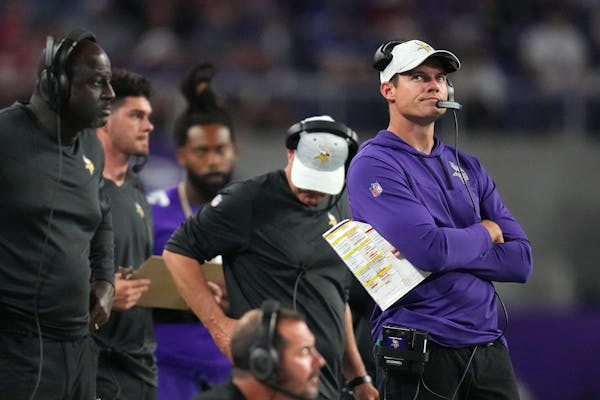 Minnesota Vikings head coach Kevin O'Connell watches from the sidelines late in the fourth quarter of an NFL Preseason game between the Minnesota Viki