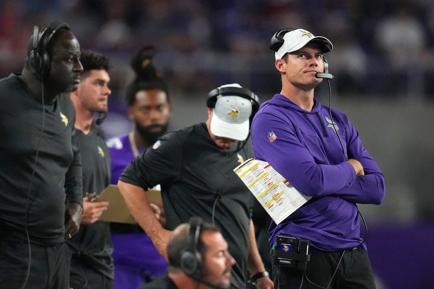 Minnesota Vikings head coach Kevin O'Connell watches from the sidelines late in the fourth quarter of an NFL Preseason game between the Minnesota Vikings and the San Francisco 49ers Saturday, Aug. 20, 2022 at U.S. Bank Stadium in Minneapolis. ] ANTHONY SOUFFLE • anthony.souffle@startribune.com