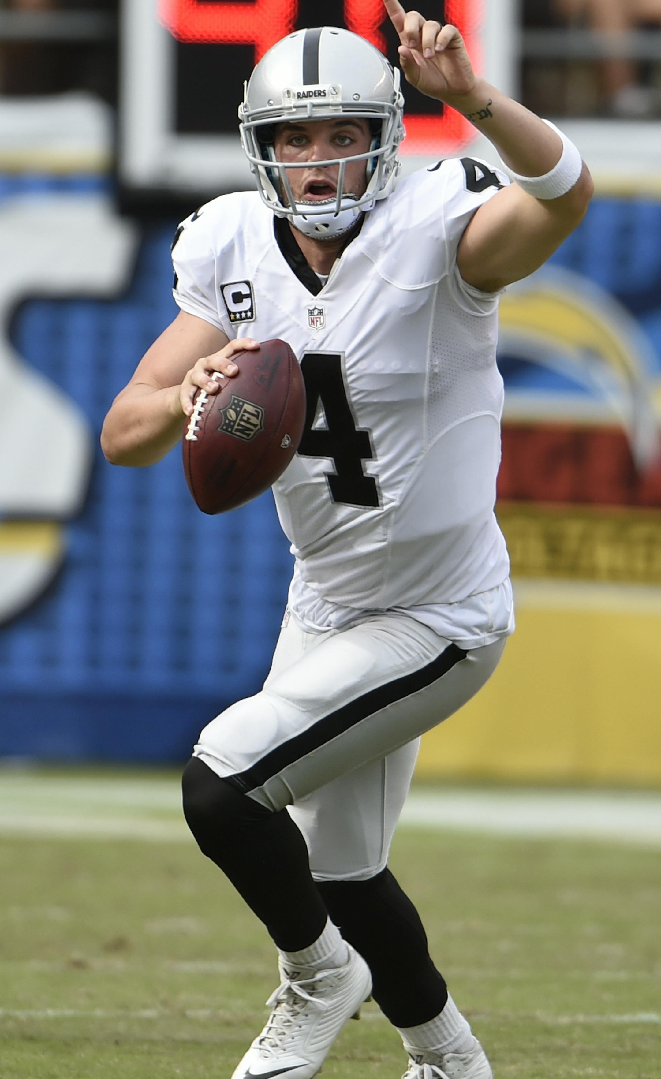 Oakland Raiders quarterback Derek Carr gestures as he looks to throw a pass during the first half of an NFL football game against the San Diego Chargers Sunday, Oct. 25, 2015, in San Diego. (AP Photo/Denis Poroy)