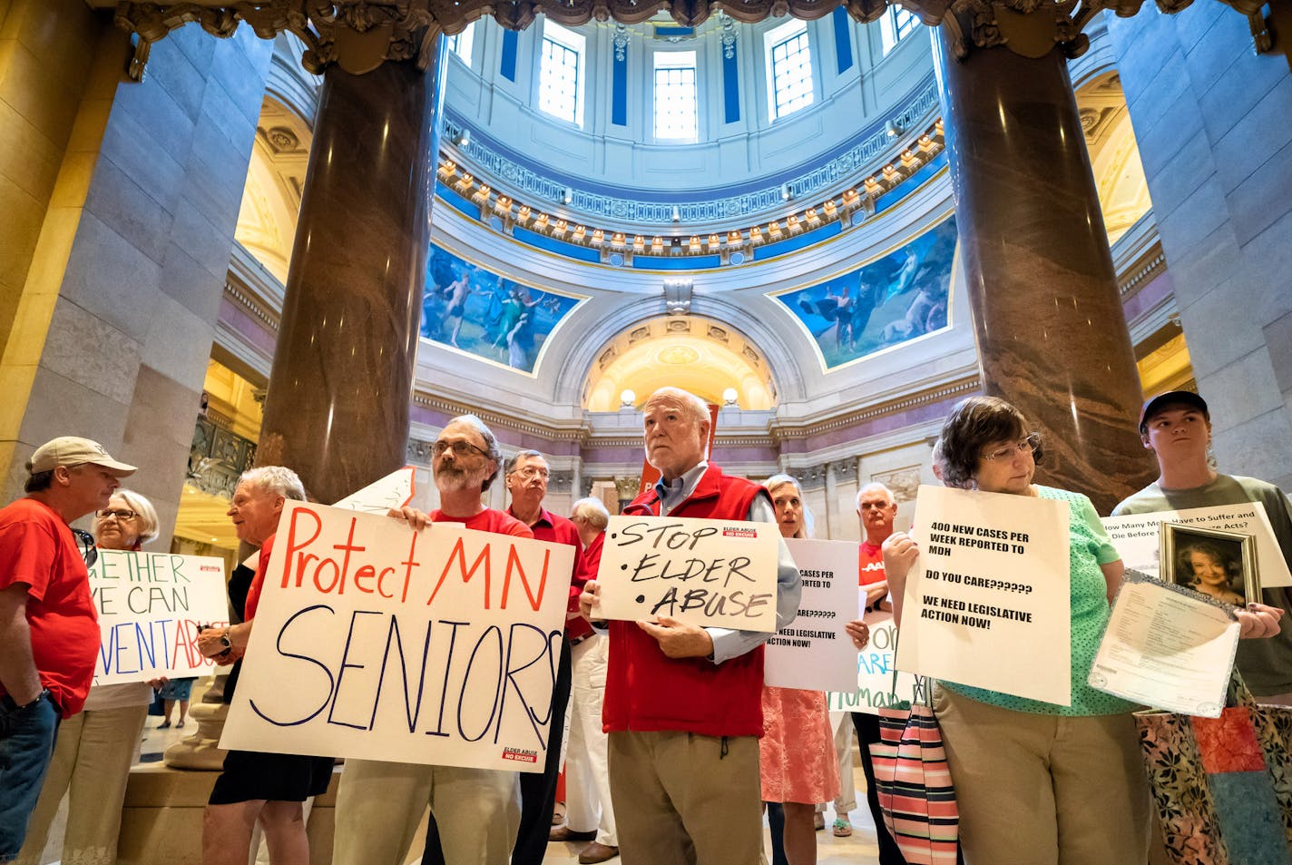 Relatives of elder abuse victims gathered outside the House Chamber Friday to protest inaction by the state Legislature over proposals that would have protected seniors from abuse. Health Commissioner Jan Malcolm thanked them for their efforts encouraged them to continue fighting for their cause. ] GLEN STUBBE &#x2022; glen.stubbe@startribune.com Friday, May 18, 2018 A post-mortem on why the elder abuse legislation failed. A relentless lobbying effort by families of elder abuse victims ultimatel