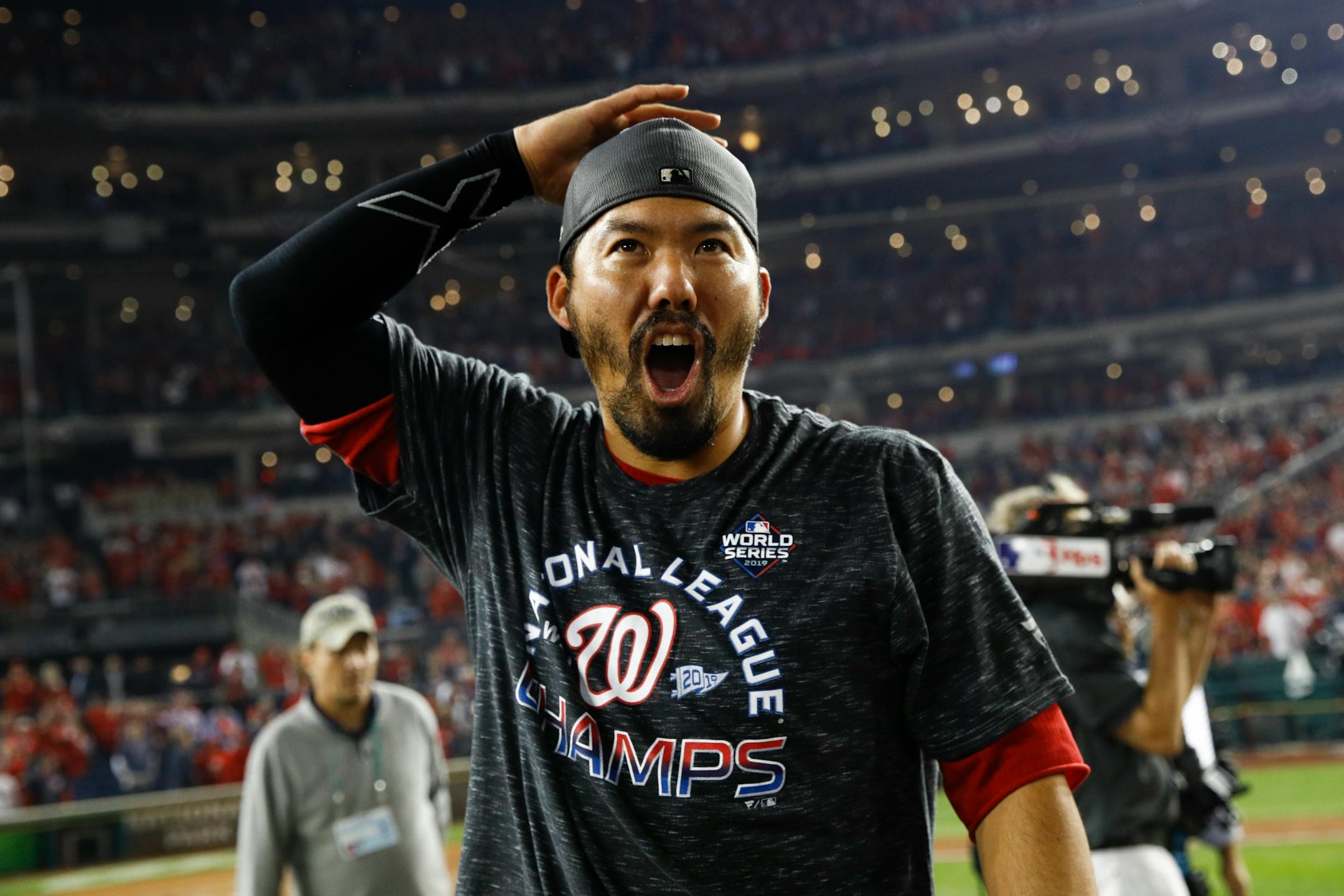 Former Twins and now Nationals catcher Kurt Suzuki whooped it up after Washington beat St. Louis 7-4 on Tuesday night to win the National League Championship Series 4-0.