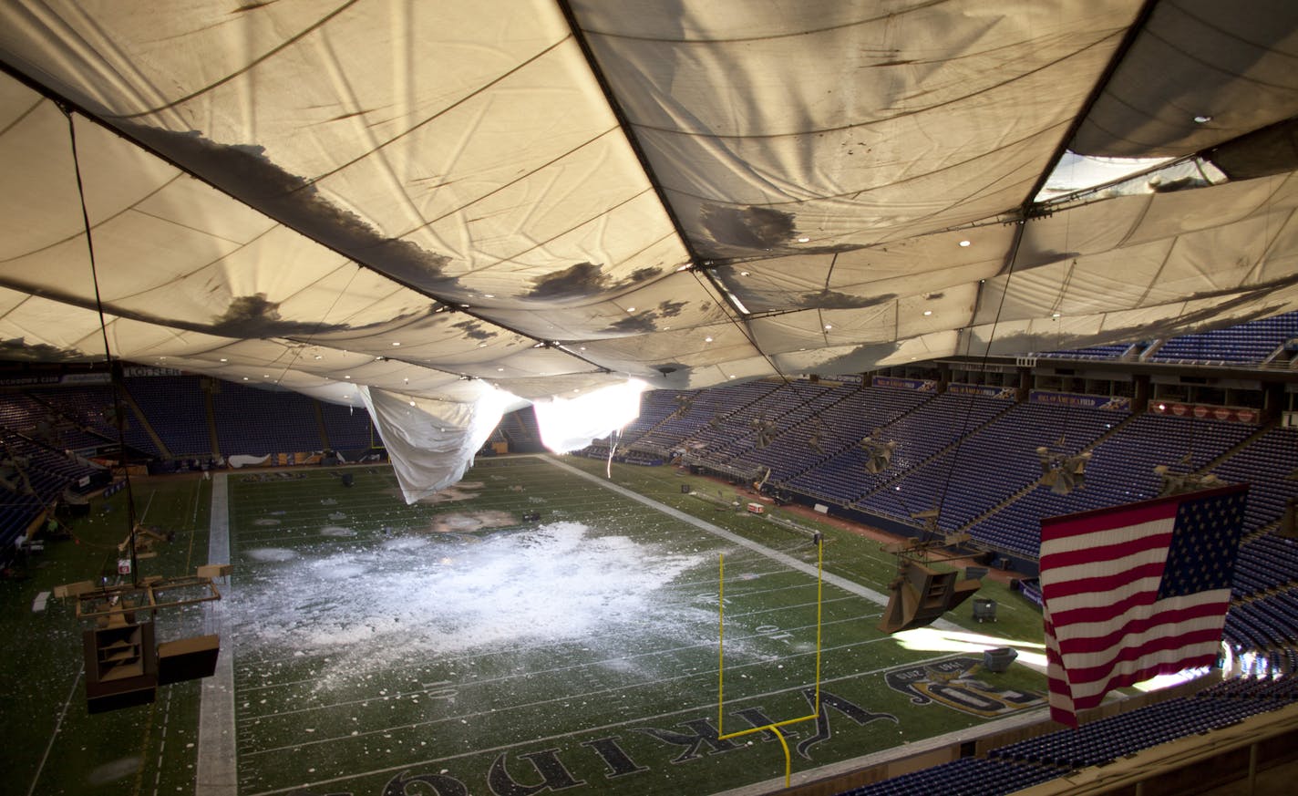 The Metrodome roof, seen on December 12, 2010, collapsed due to snow and high winds. (Jeff Wheeler/Minneapolis Star Tribune/MCT)