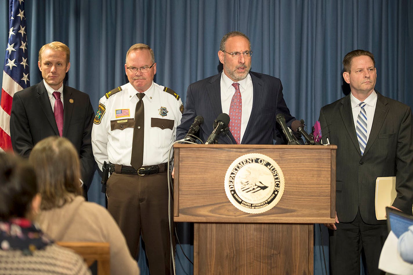 From left, Minnesota Bureau of Criminal Apprehension Superintendent Drew Evans, Stearns County Sheriff John Sanner, U.S. Attorney Andrew Luger and FBI Special Agent in Charge for the Minneapolis Division Richard Thornton addressed the media Thursday about a "person of interest" possibly involved in the 1989 disappearance of Jacob Wetterling.