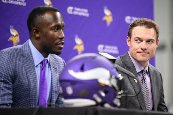 Vikings General Manager Kwesi Adofo-Mensah introduced coach Kevin O’Connell during a February news conference.