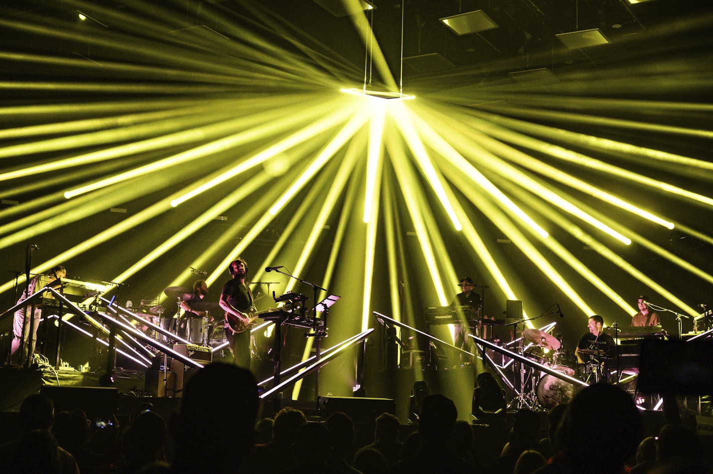 Justin Vernon's Bon Iver crew on stage in Portland, Ore.