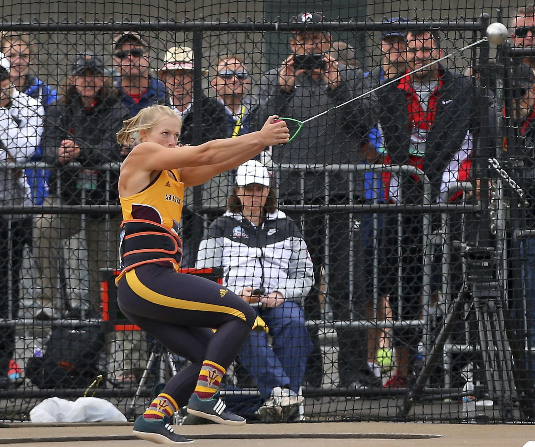 Two-time Pac-12 champion Maggie Ewen of Arizona State sets an NCAA collegiate record with a throw of 240 feet, 7 inches during the second day of the NCAA outdoor track and field championships at Hayward Field in Eugene, Ore., Thursday, June 8, 2017. (Brian Davies/The Register-Guard via AP)