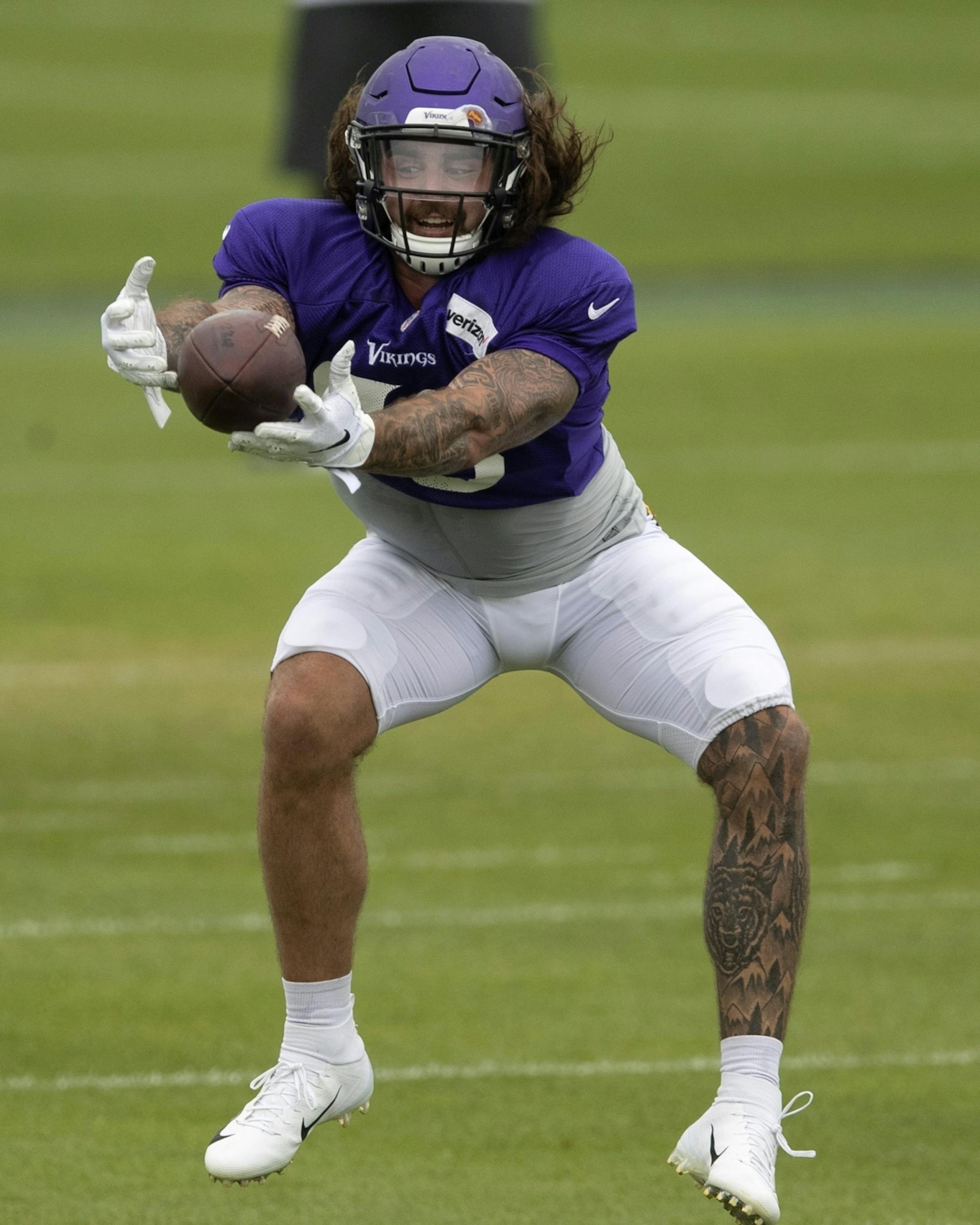 Minnesota Vikings tight end Tyler Conklin (83) pulled down a pass during practice at TCO Performance Center on Sunday July, 28 2019 in Eagan, MN.
