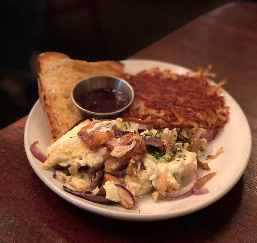 Get a breakfast scramble with hash browns or a salad.