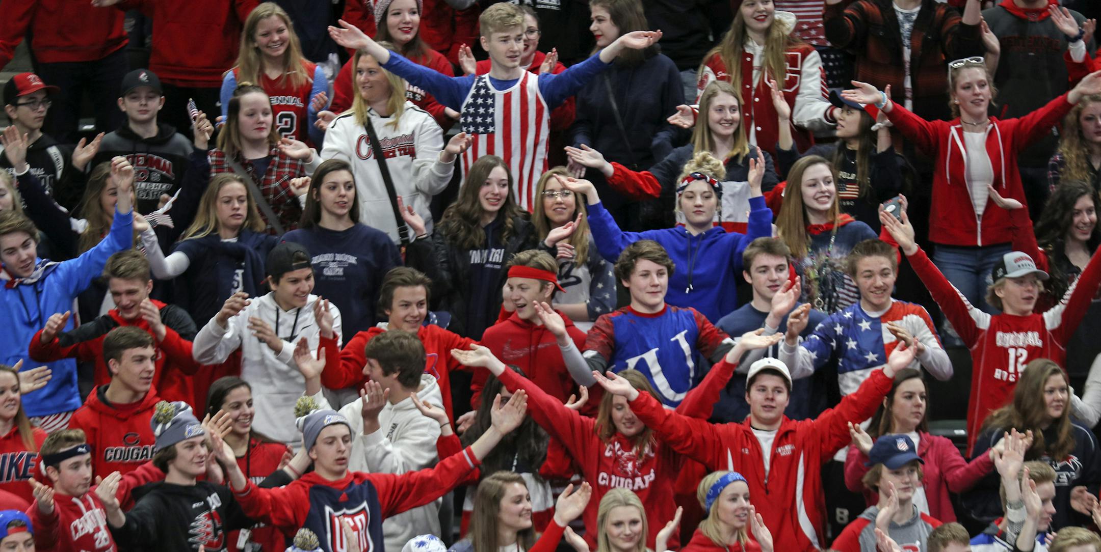 Centennial fans show their support for both their girls High School team and the American woman who just won a gold medal in the Olympics. ] Class 2A girls' hockey state tournament quarterfinals ï Centennial vs. Lakeville South
BRIAN PETERSON ï brian.peterson@startribune.com
St. Paul, MN 02/22/18