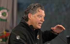Minnesota Wild President of Hockey Operations Bill Guerin makes a point during his season-ending news conference Tuesday at Xcel Energy Center.
