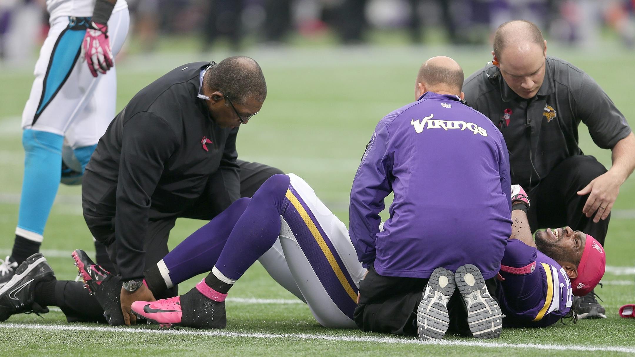 Vikings linebacker Desmond Bishop suffered a torn ACL in his right knee during Sunday's game against Carolina.