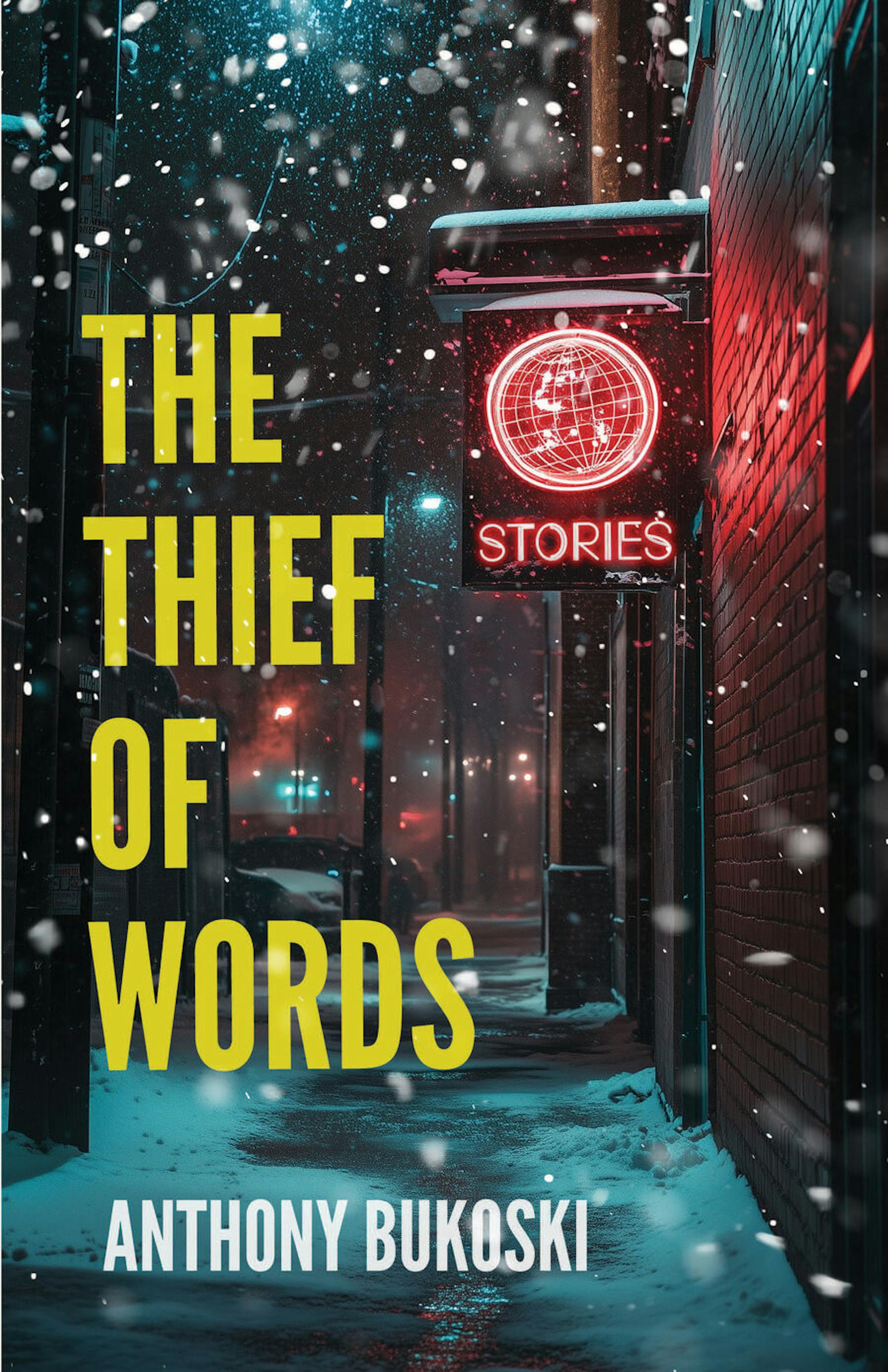 cover of The Thief of Words is a photo of a snow-drifted alley, with a sign hanging in front of a storefront that reads: Stories