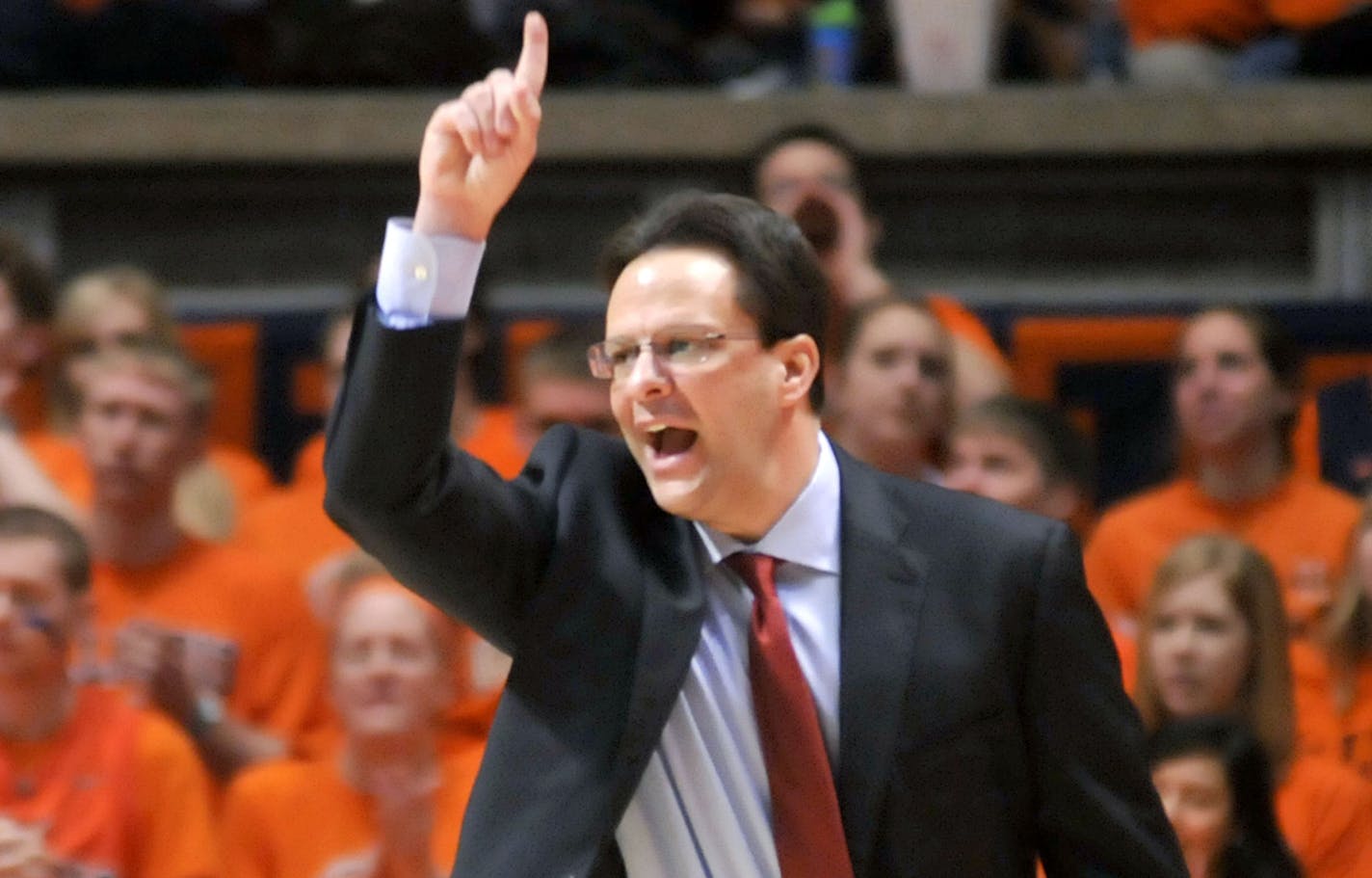 Indiana Coach Tom Crean calls out to his team from the sidelines during the first half of an NCAA college basketball game against Illinois in Champaign, Ill., on Saturday, March 5, 2011. (AP Photo/Heather Coit) ORG XMIT: ILHC102