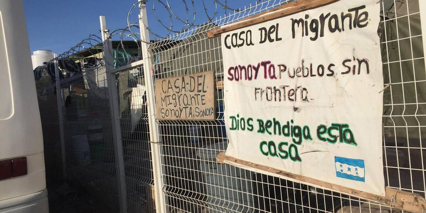 A sign marks the entrance to a makeshift immigrant camp on the outskirts of Sonoyta, a remote Mexican border city across from Lukeville, Ariz. Dozens of mostly Central American immigrants stay here before making their attempt to sneak into the United States across the rugged, mountainous desert. (Kevin G. Hall/McClatchy/TNS) ORG XMIT: 1321516