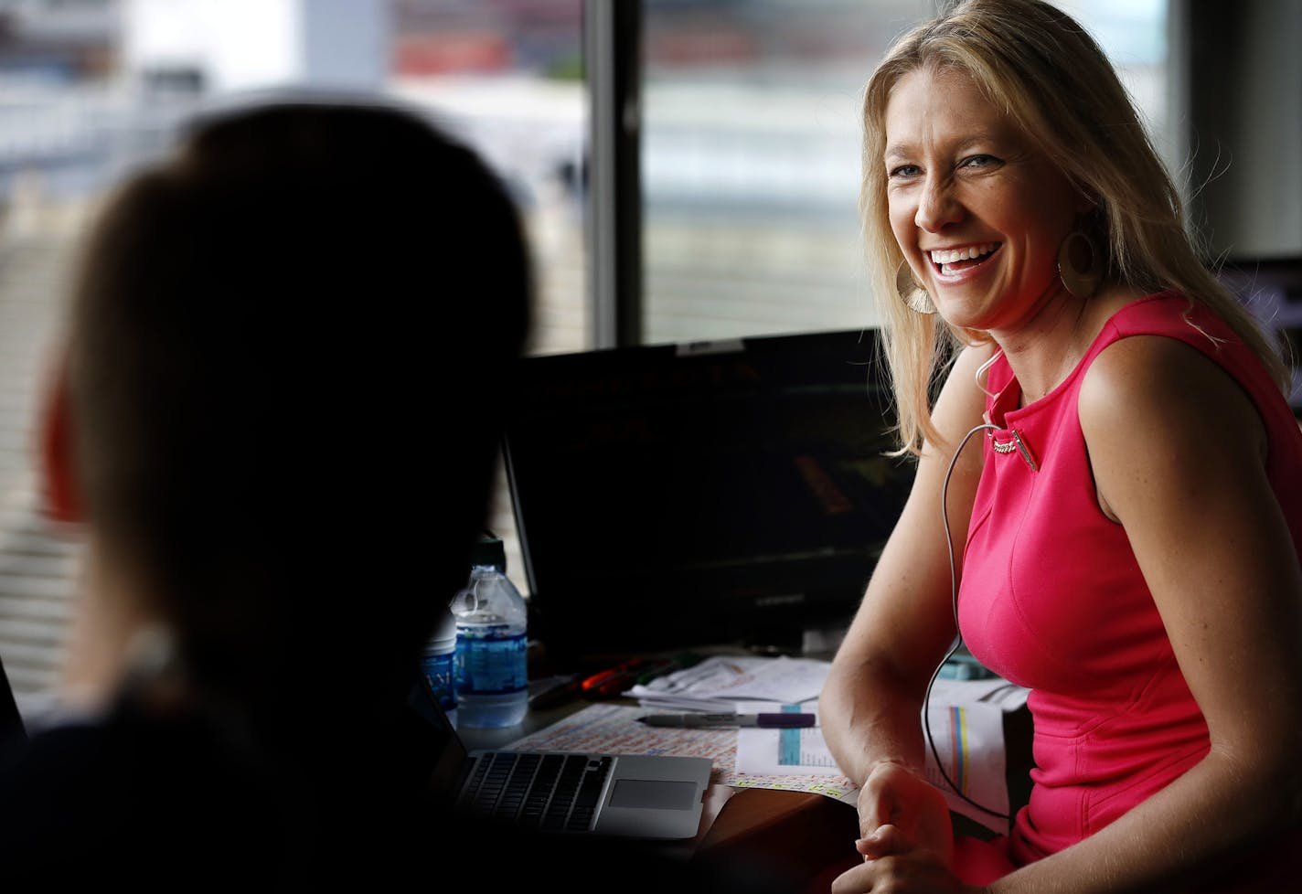 Kyndra de St. Aubin joked with college Callum Williams before a Minnesota United FC at TCF Bank Stadium. de St. Aubin is the color analyst for Minnesota United FC. ] CARLOS GONZALEZ &#xef; cgonzalez@startribune.com - July 19, 2017, Minneapolis, MN, TCF Bank Stadium, MLS, Soccer, Minnesota United FC vs. Houston Dynamo, Kyndra de St. Aubin is a Soccer analyst for MNUFC and FOX Sports