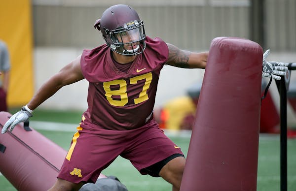 Minnesota football players, including Gaelin Elmore, took to the field for drills during the first practice of the season for Gophers football at Gibs