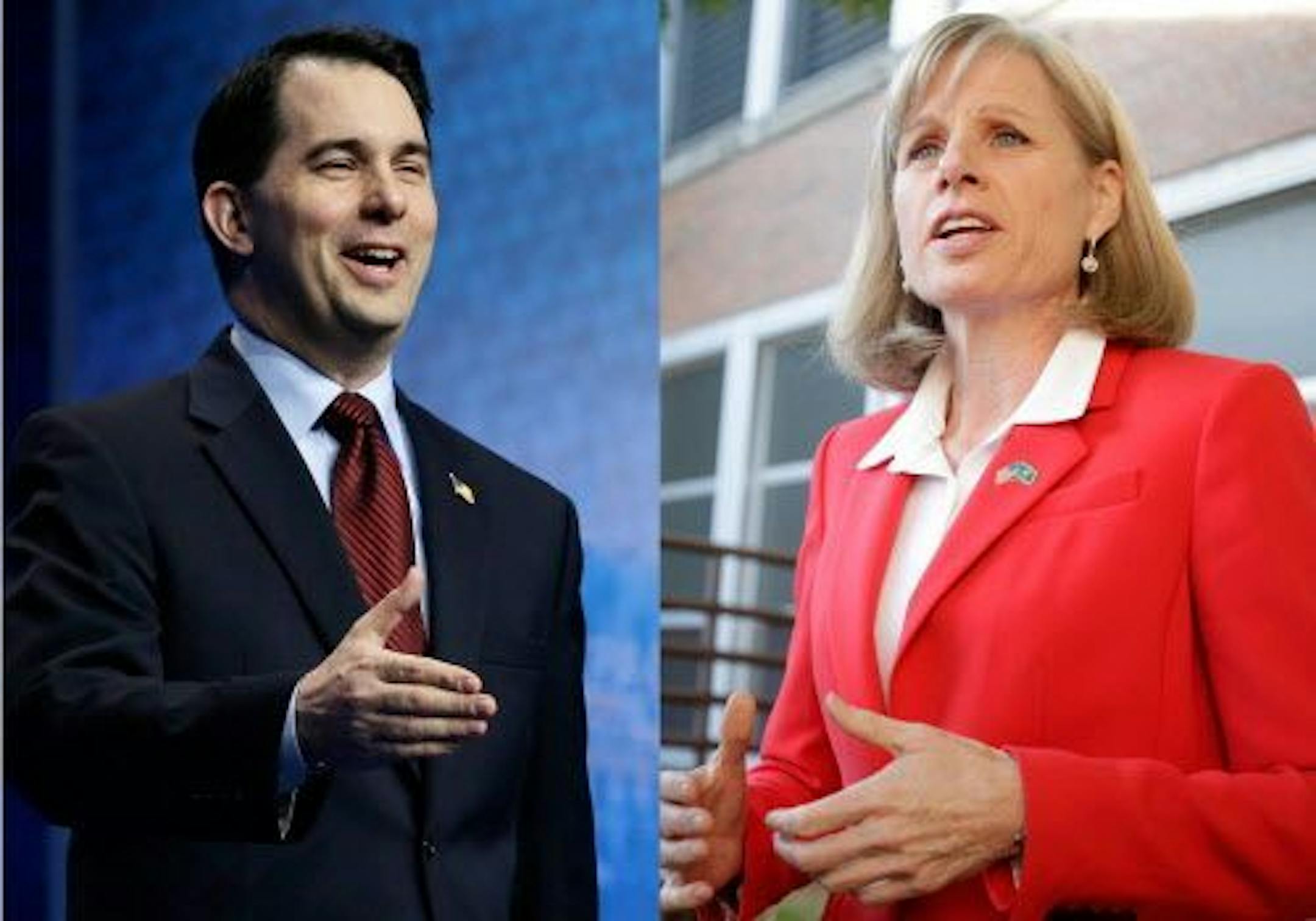 FILE - In this combination of file photos is Republican Wisconsin Gov. Scott Walker, left, and his Democratic gubernatorial opponent Mary Burke.