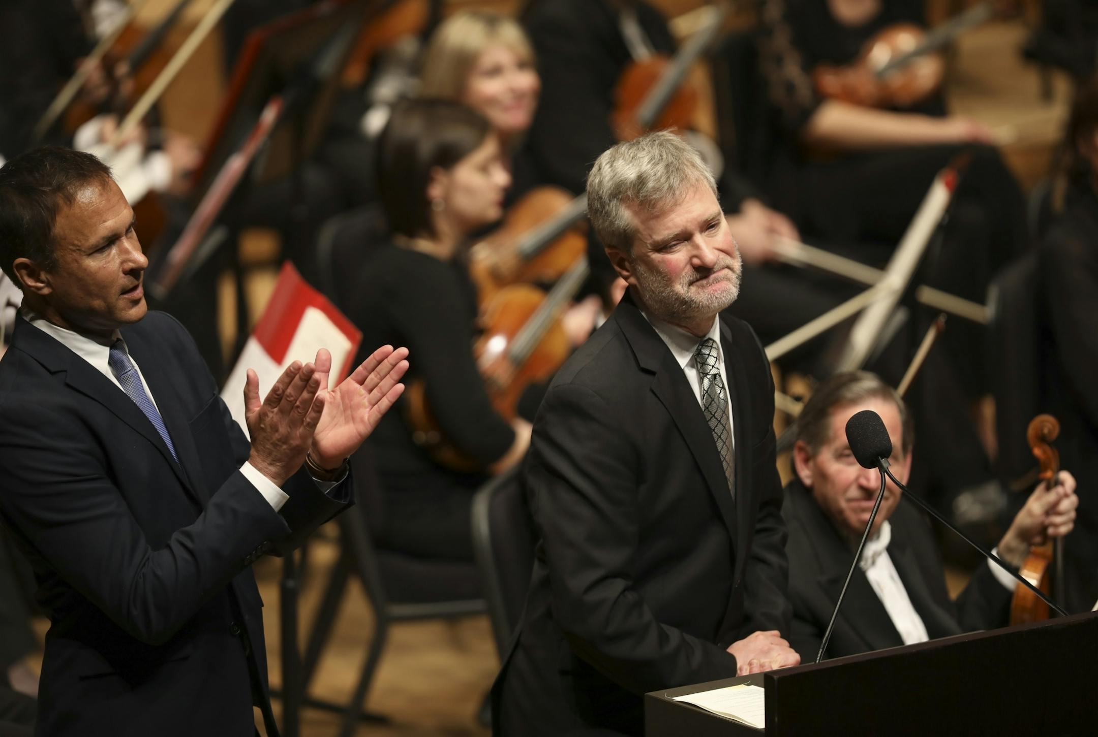 Stanislaw Skrowaczewski's sons, Paul Sebastien, left, and Nicholas Skrowaczewski thanked the audience for attending and the orchestra for hosting the memorial service for their father at Orchestra Hall Tuesday afternoon.
