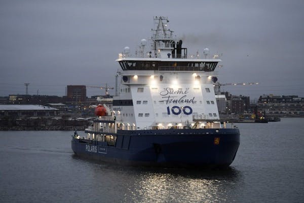 This is a Friday Dec. 30, 2016 photo of the Finnish state-owned icebreaker Polaris with Suomi Finland 100 logo as it docks in Helsinki, Finland. Finla
