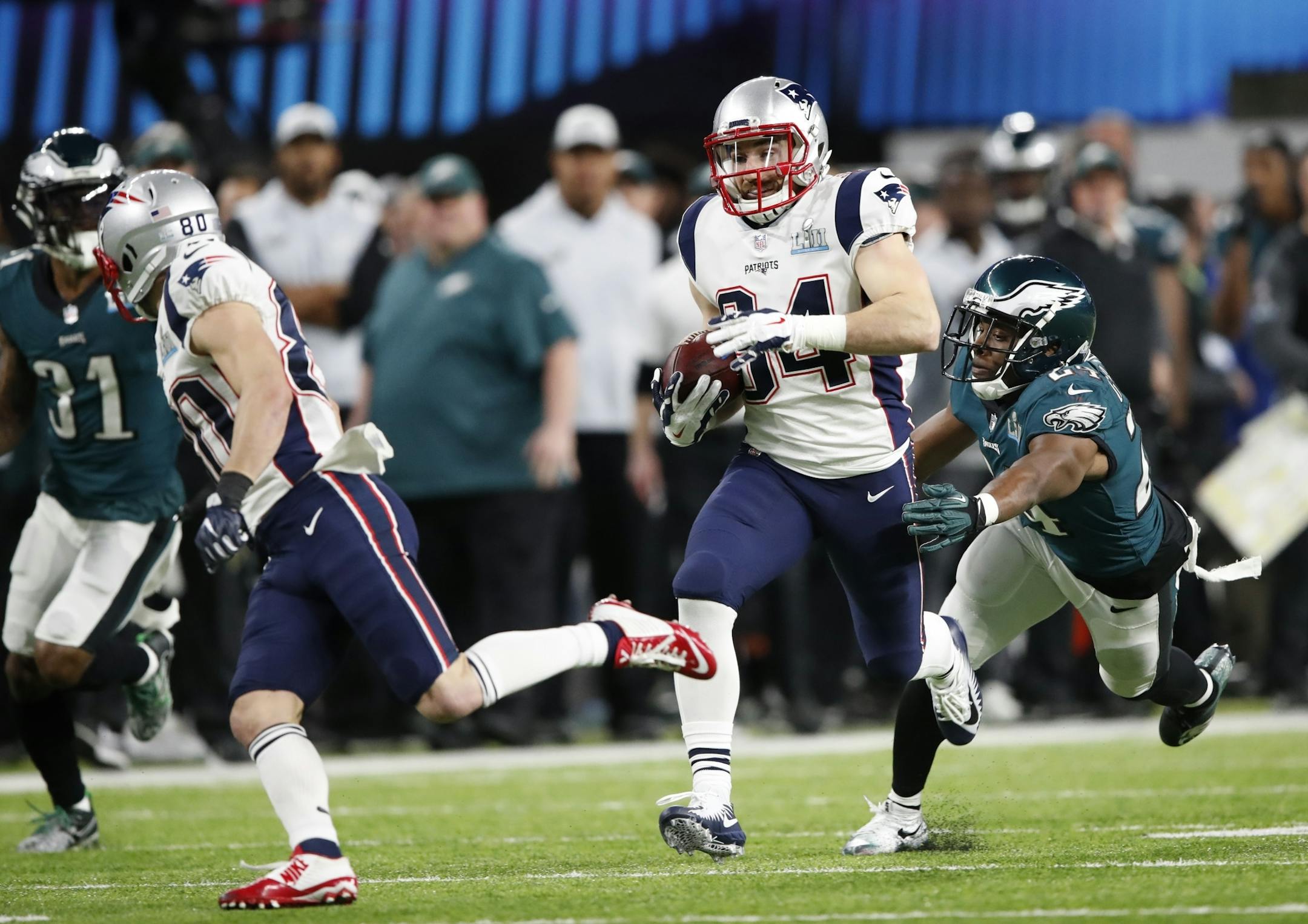 New England Patriots running back dashed down the field after making a catch from quarterback Tom Brady that tuned into a 46-yard gain in the second quarter of Super Bowl LII. It was a key play on a field goal-scoring drive for the Patriots.