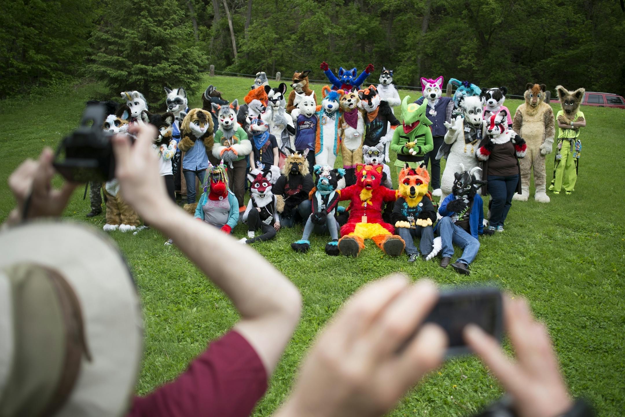Fursuiters in the MN Furs group had a group photo taken during the group's annual spring picnic at Hidden Falls Park in mid-May.