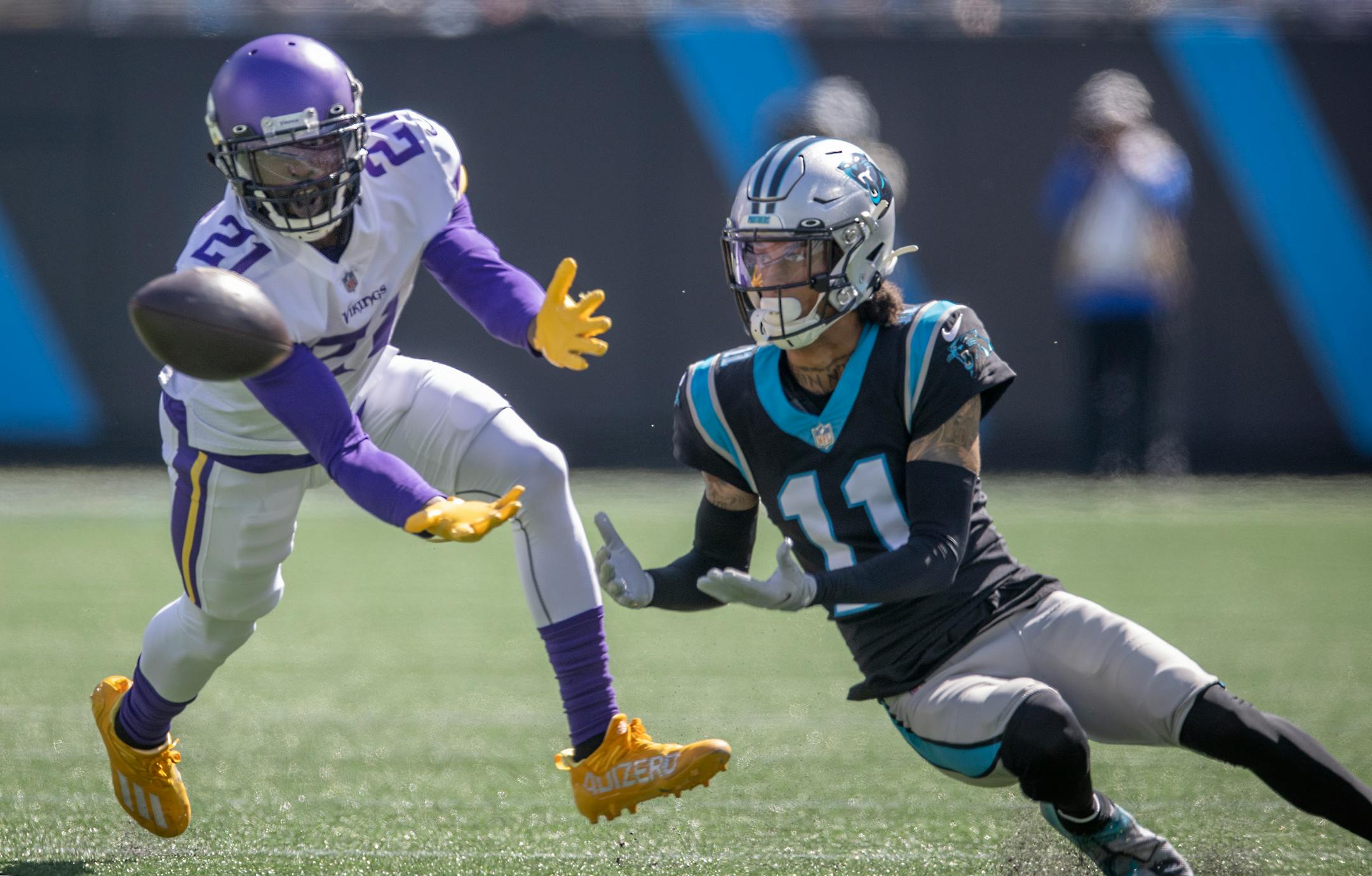 Vikings cornerback Bashaud Breeland (21) intercepted the ball intended for Panthers wide receiver Robby Anderson (11) in the first quarter, Sunday, October 17, 2021 in Charlotte.