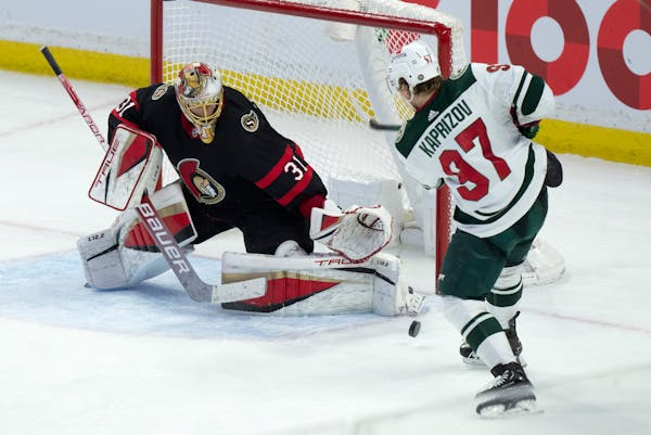 Ottawa goalie Anton Forsberg watched as Wild left winger Kirill Kaprizov waited for the puck during the third period Tuesday.