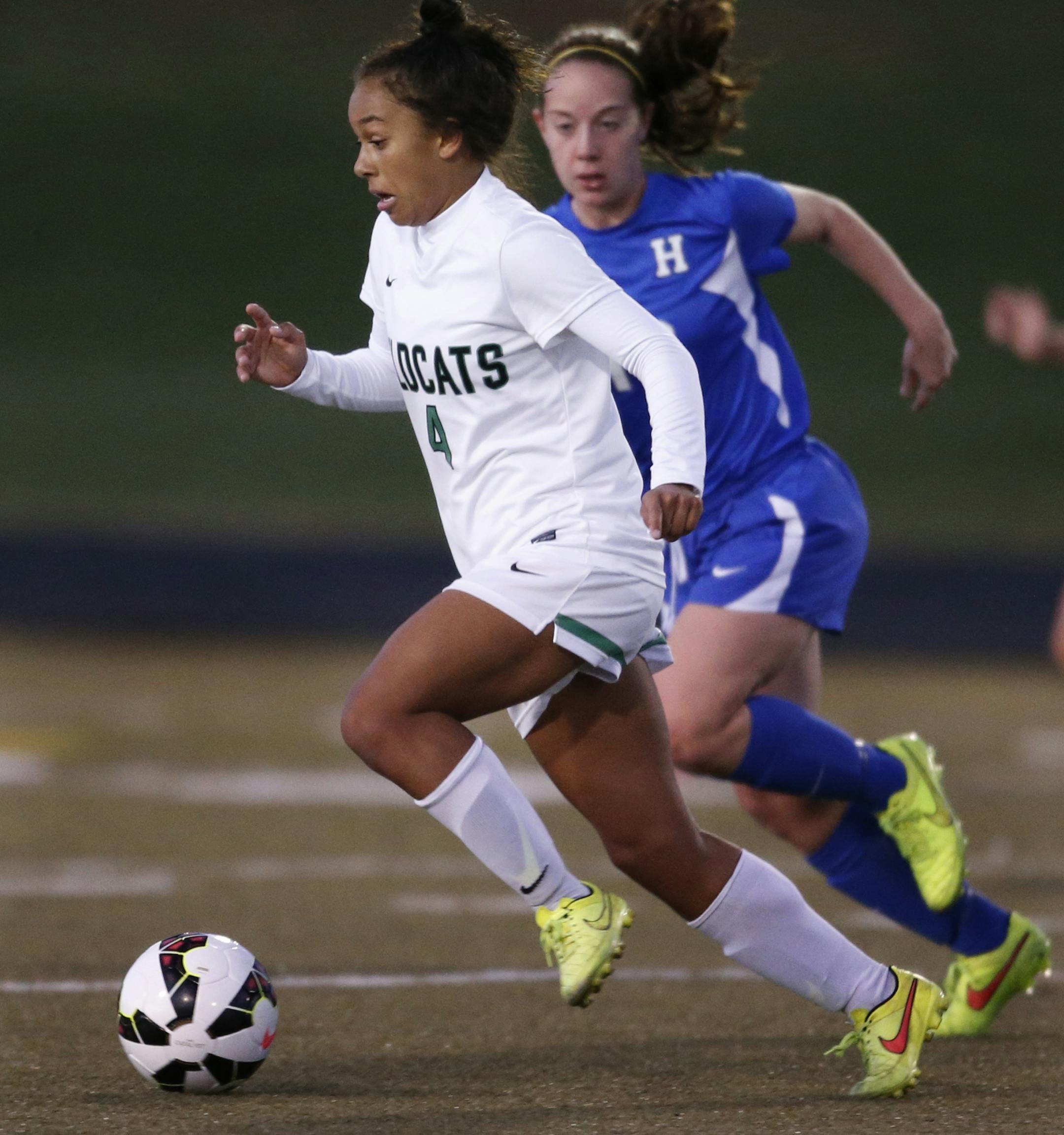 Jade King(4) of Eagan went on the attack.] In the quarterfinals of girls 2A soccer between Eagan and Hopkins at Park High School in Cottage Grove on 10/21/14; Richard Tsong-Taatarii/rtsong- taatarii@startribune.com
