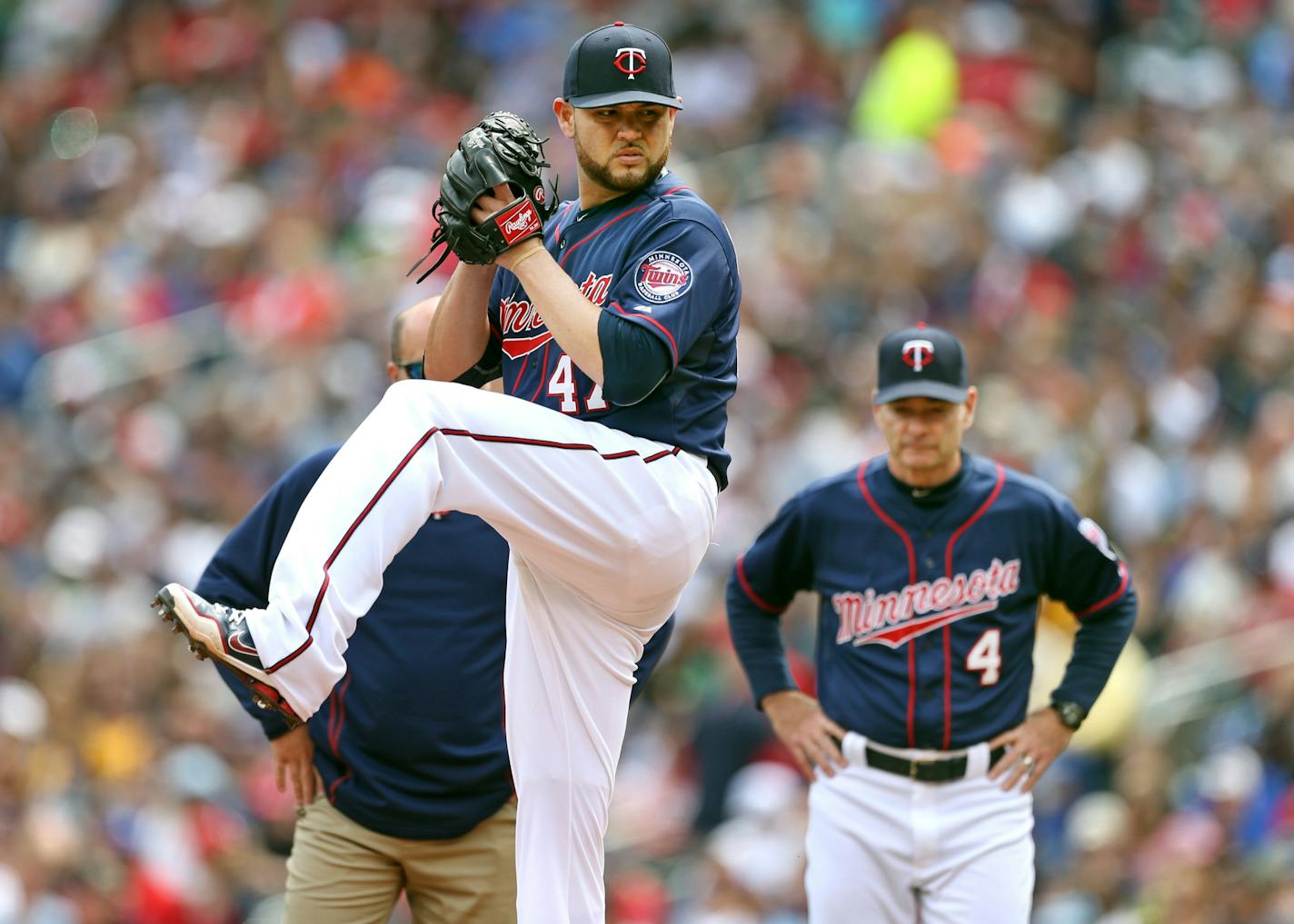 Twins manger Paul Molitor watched starting pitcher Ricky Nolasco throw a few pitches after he was injured in the second inning at Target Field on Sunday.