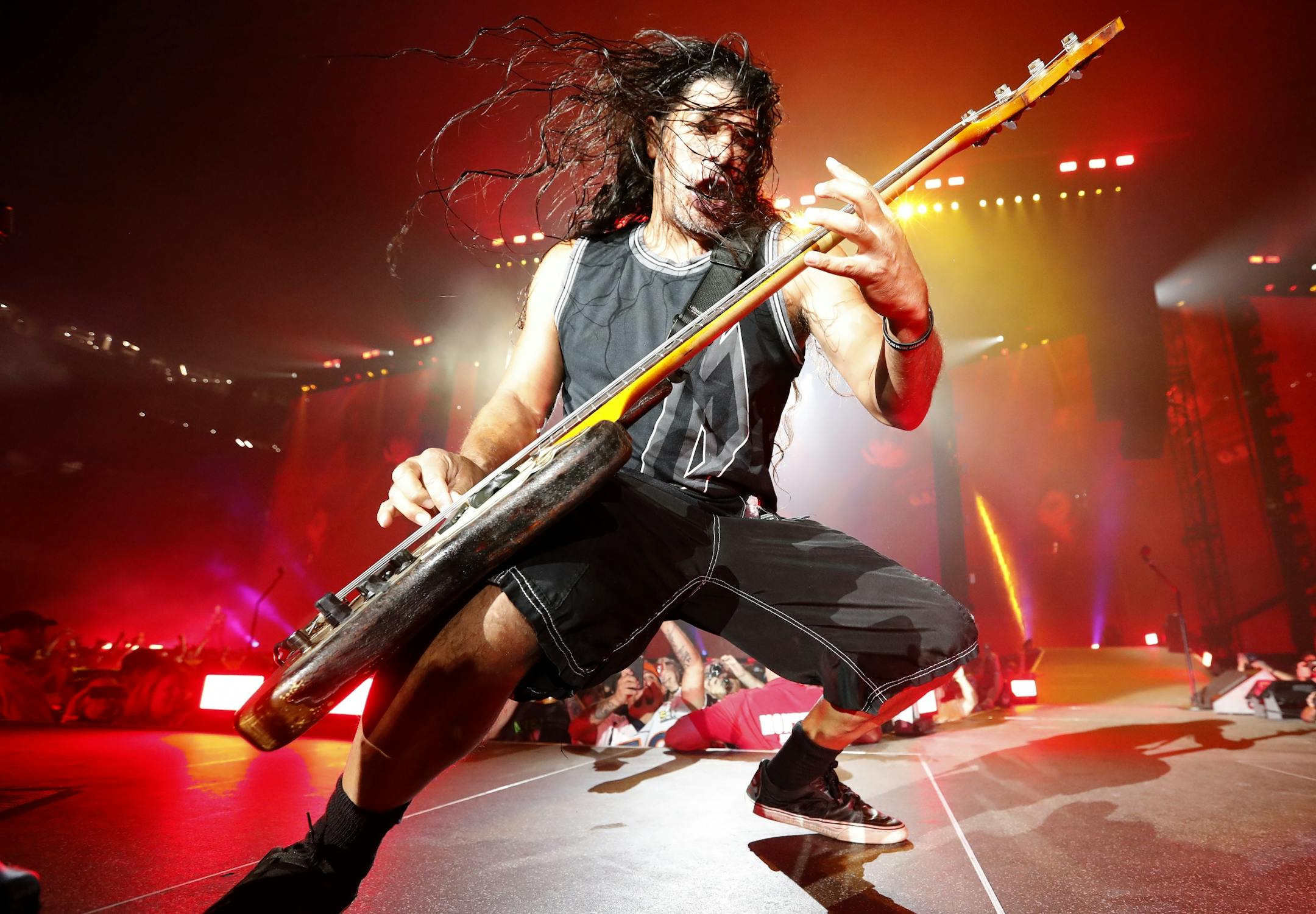 Metallica bass player Robert Trujillo during a performance at US Bank Stadium.