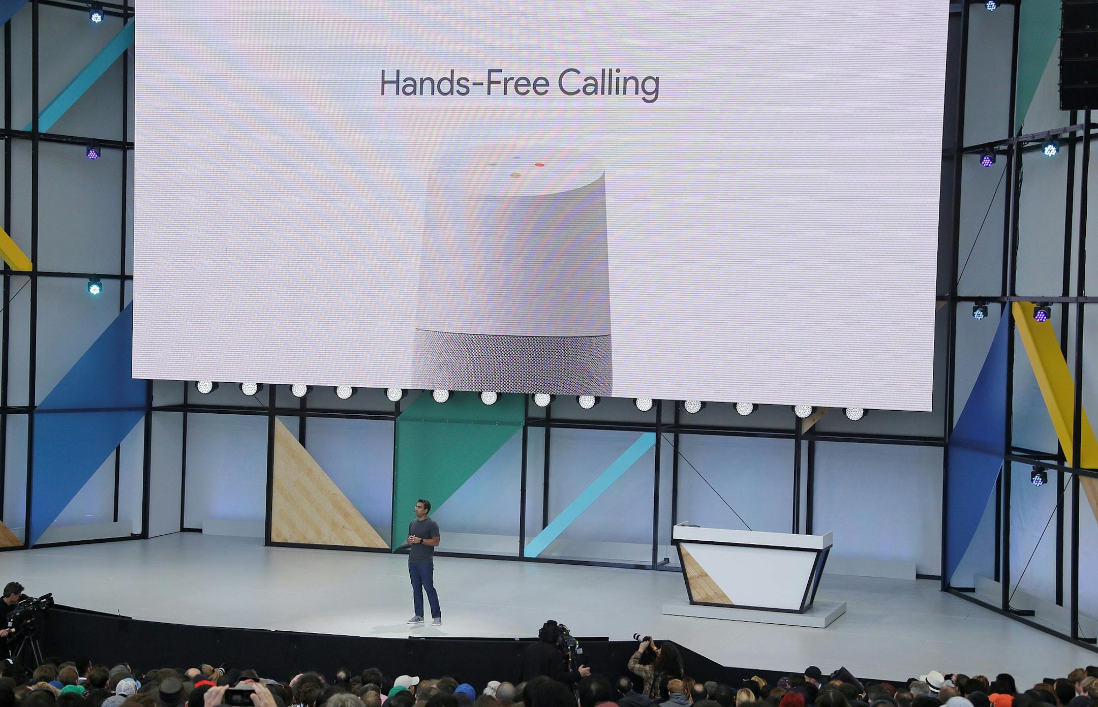 Rishi Chandra talks about hands-free calling with the Google Home device during the keynote address of the Google I/O conference, Wednesday, May 17, 2017, in Mountain View, Calif. (AP Photo/Eric Risberg) ORG XMIT: CAER108