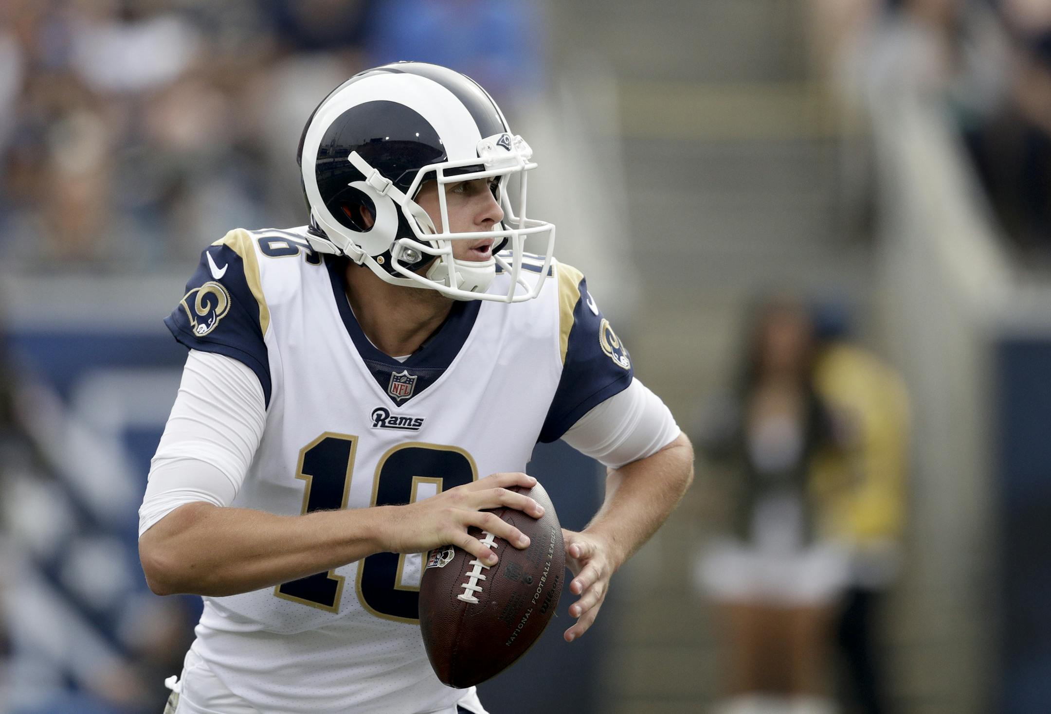 Los Angeles Rams quarterback Jared Goff looks to pass against the Houston Texans during the first half of an NFL football game Sunday, Nov. 12, 2017, in Los Angeles. (AP Photo/Jae C. Hong)
