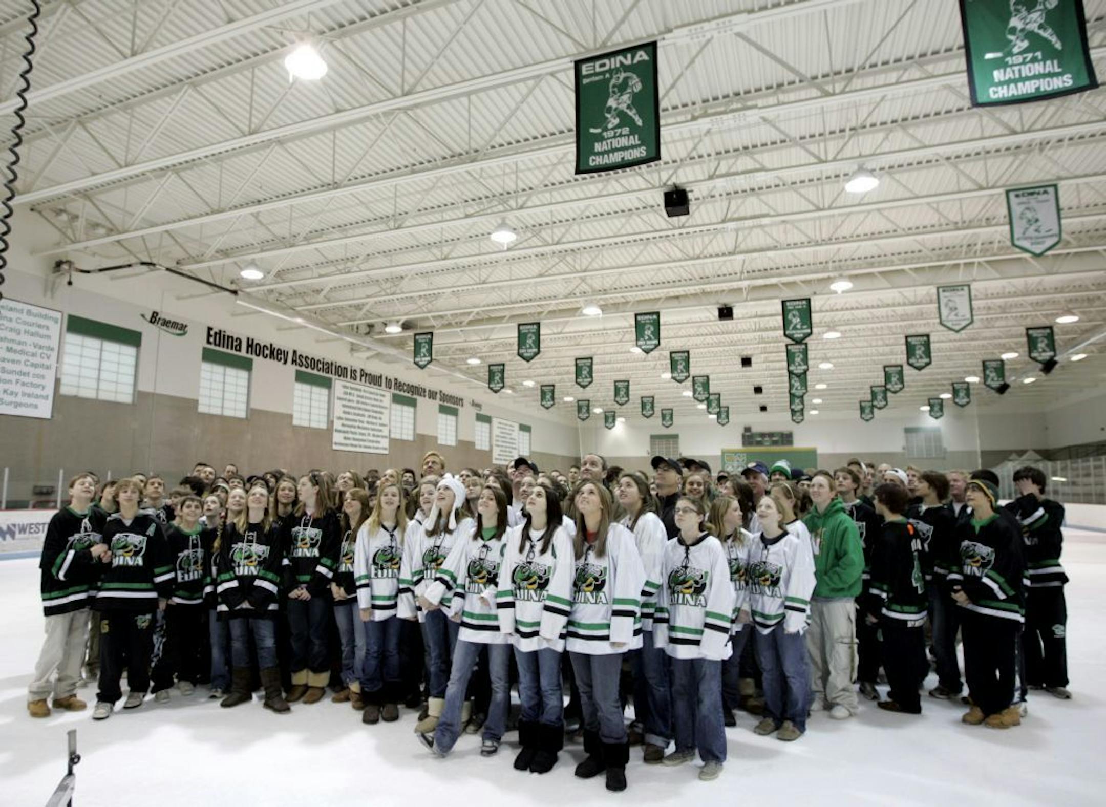 CARLOS GONZALEZ � cgonzalez@startribune.com March 4, 2008 � Edina, MN � Edina Hockey Teams Photo � Edina Hockey players posed for a group photo at the Braemar Arena on Tuesday. The city of Edina is sending 13 teams to various state tournaments for boys and girls hockey, the most of any city in the state.