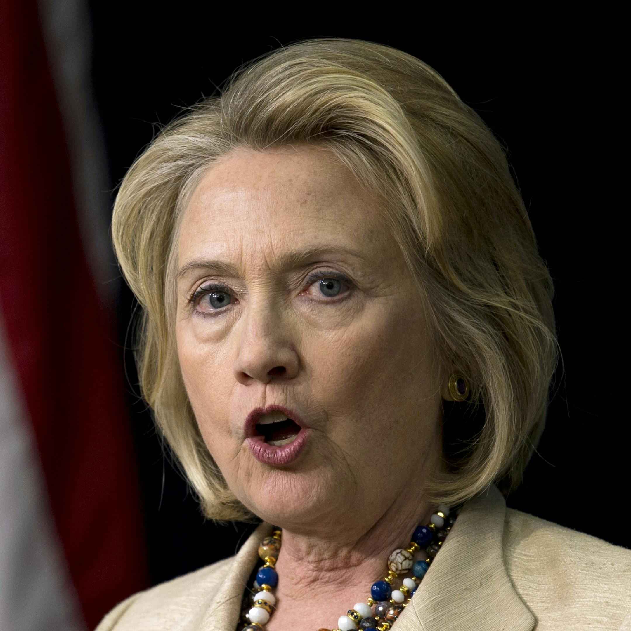 FILE - In this Sept. 9, 2013, file photo, former Secretary of State Hillary Rodham Clinton speaks about Syria in the South Court Auditorium on the White House Complex in Washington. The filmmaker who was making a documentary about Hillary Clinton for CNN says he is backing out of the project because few people would cooperate with him. Charles Ferguson wrote in a column posted on Huffington Post Monday that he concluded he couldn't make much of a film. He said that of more than 100 people he app