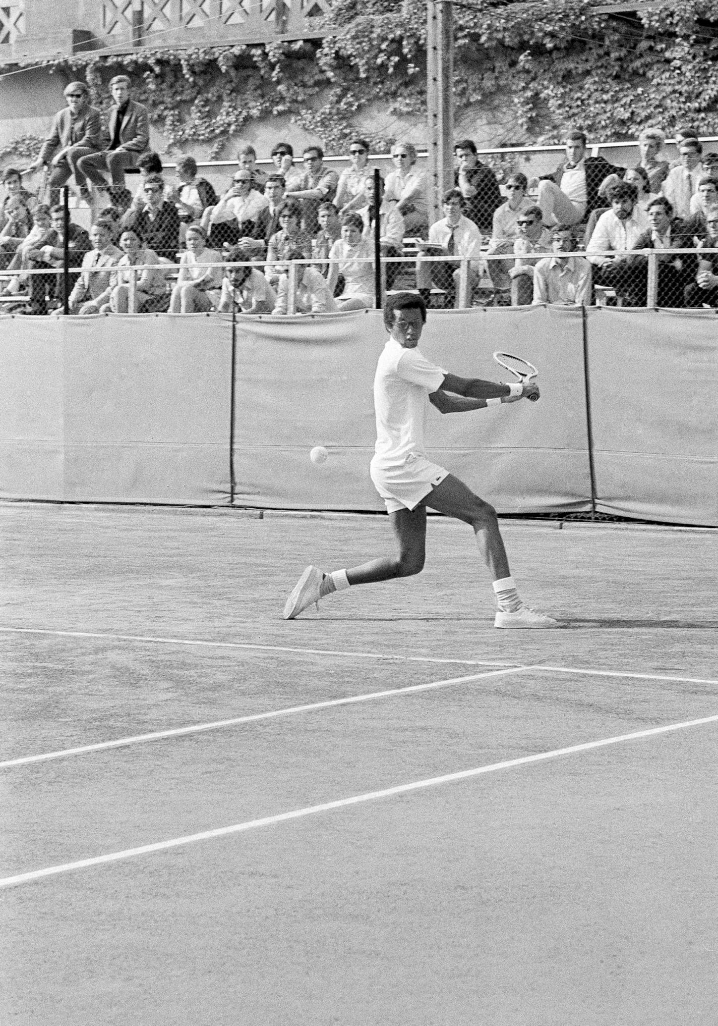 American tennis champion Arthur Ashe beats Czyslaw Rybarcwyk of Poland, 6-0, 6-2, 6-0, during the ìInternationaux de Parisî on the Stade Roland Garros in Paris on May 25, 1970.