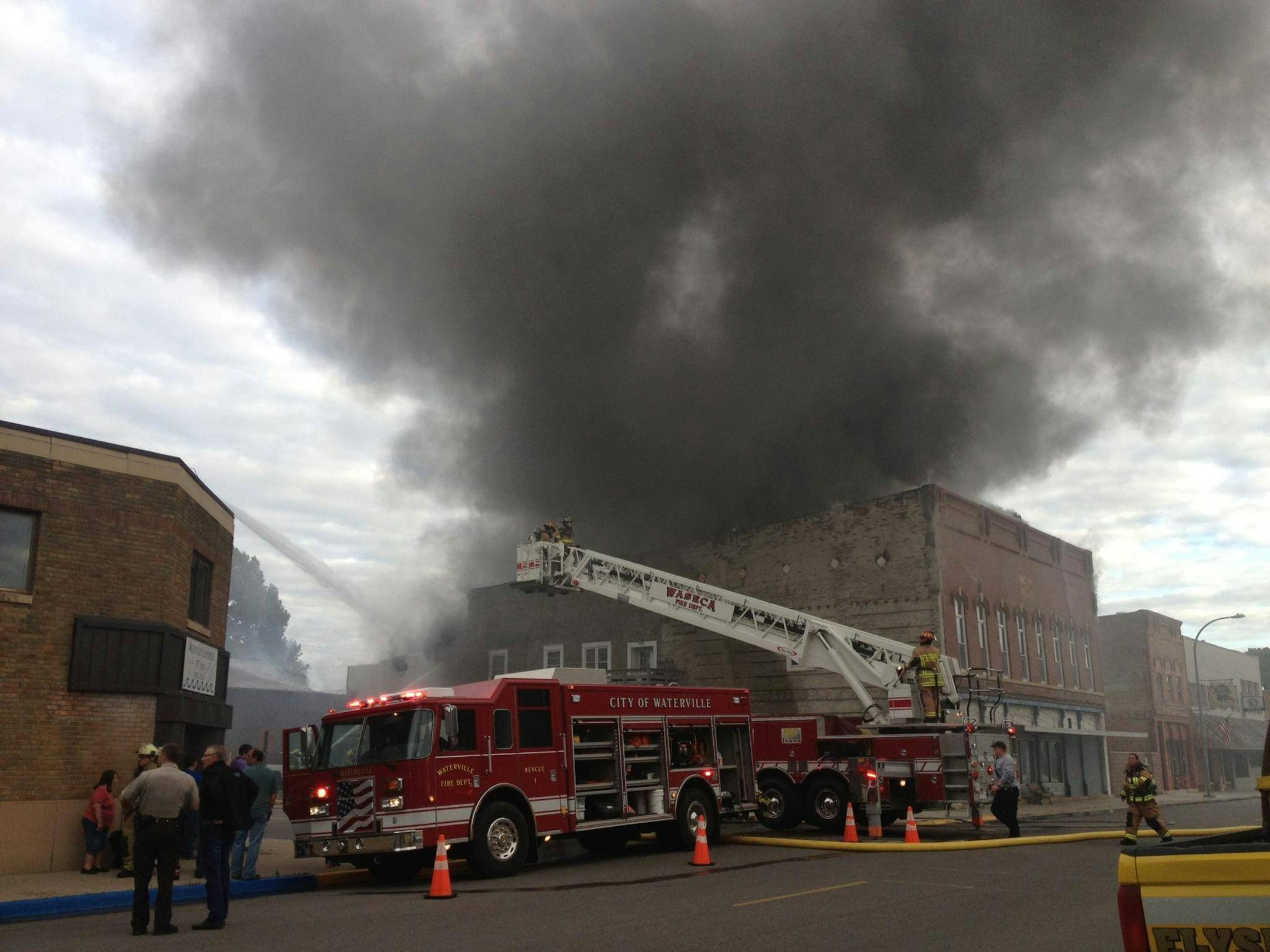 The fire in downtown Waterville, Minn., was called in around 6:30 a.m. Thursday. Photo courtesy KEYC-TV Mankato.