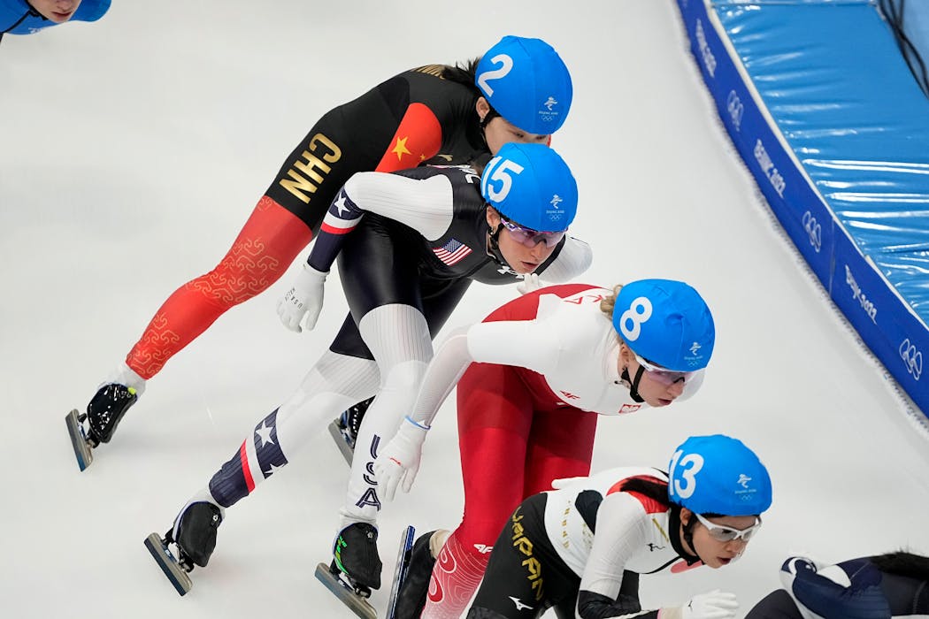 Athletes, including Guo Dan of China (2) Giorgia Birkeland of the United States (15), Karolina Bosiek of Poland (8) and Nana Takagi of Japan (13), compete during the women’s speedskating mass start semifinals at the 2022 Winter Olympics, Saturday, Feb. 19, 2022, in Beijing. 