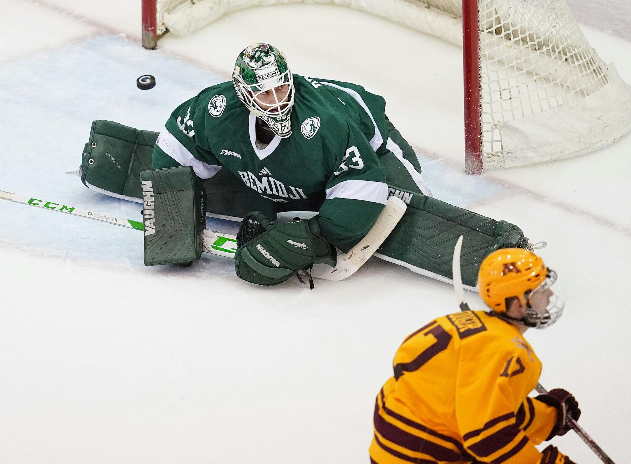 Beavers goaltender Zach Driscoll (33) was unable to make the save off a shot by Gophers forward Garrett Wait (17) in the second period. ] ANTHONY SOUFFLE &#x2022; anthony.souffle@startribune.com The University of Minnesota Golden Gophers played the Bemidji State Beavers in an NCAA men's hockey game Saturday, Dec. 28, 2019 at the 3M Arena at Mariucci in Minneapolis.