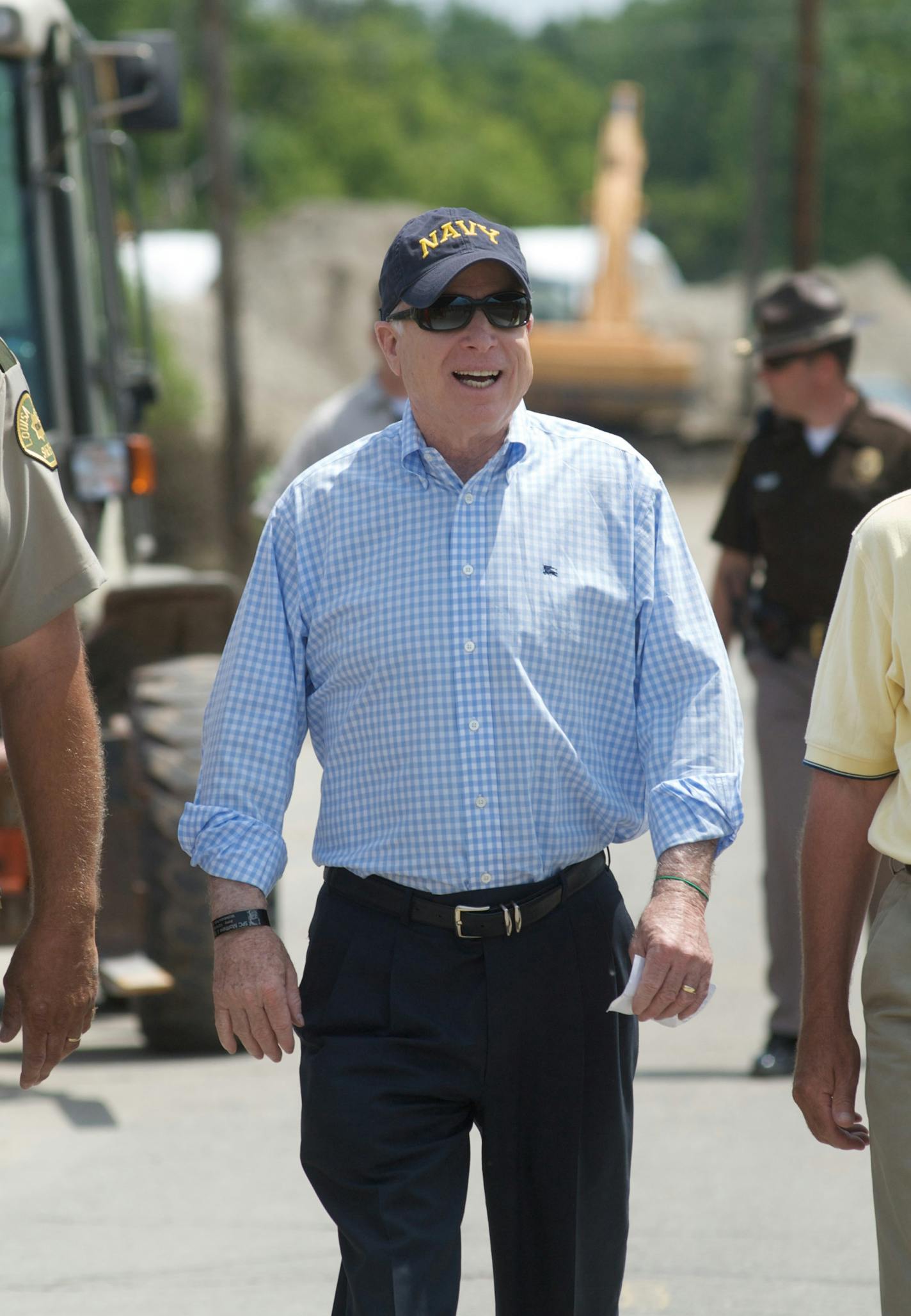 Republican Presidential Nominee Sen. John McCain tours flood ravaged areas on June 19, 2008 in Columbus Junction, Iowa.