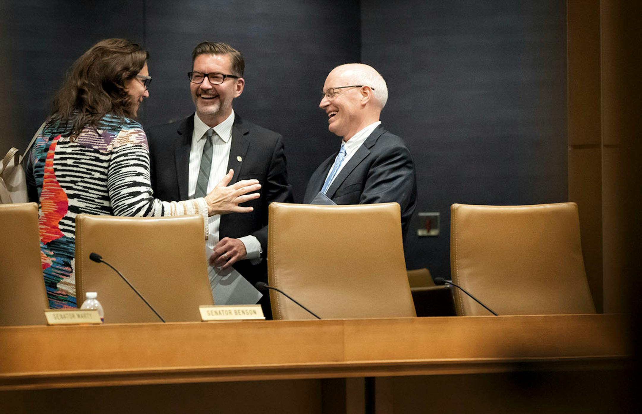 Commissioner Frans talked with Senate finance chair Julie Rosen and Senator Scott Dibble before the evening hearing.