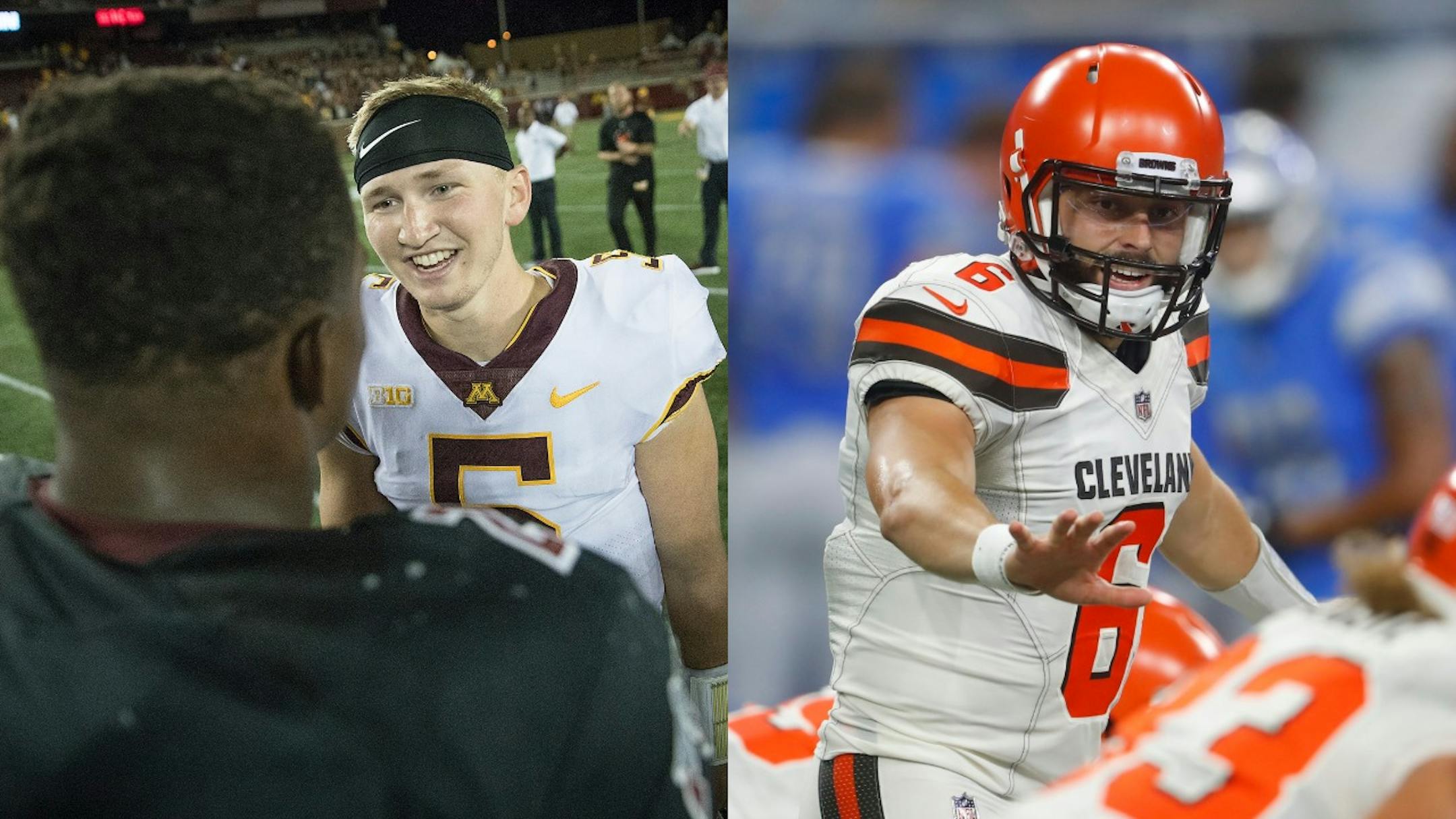 At the request of Minnesota football coach P.J. Fleck, reigning Heisman Trophy winner Baker Mayfield (right, now with the Cleveland Browns) made a phone call to Gophers true freshman walk-on Zack Annexstad on the eve of his first start at quarterback.