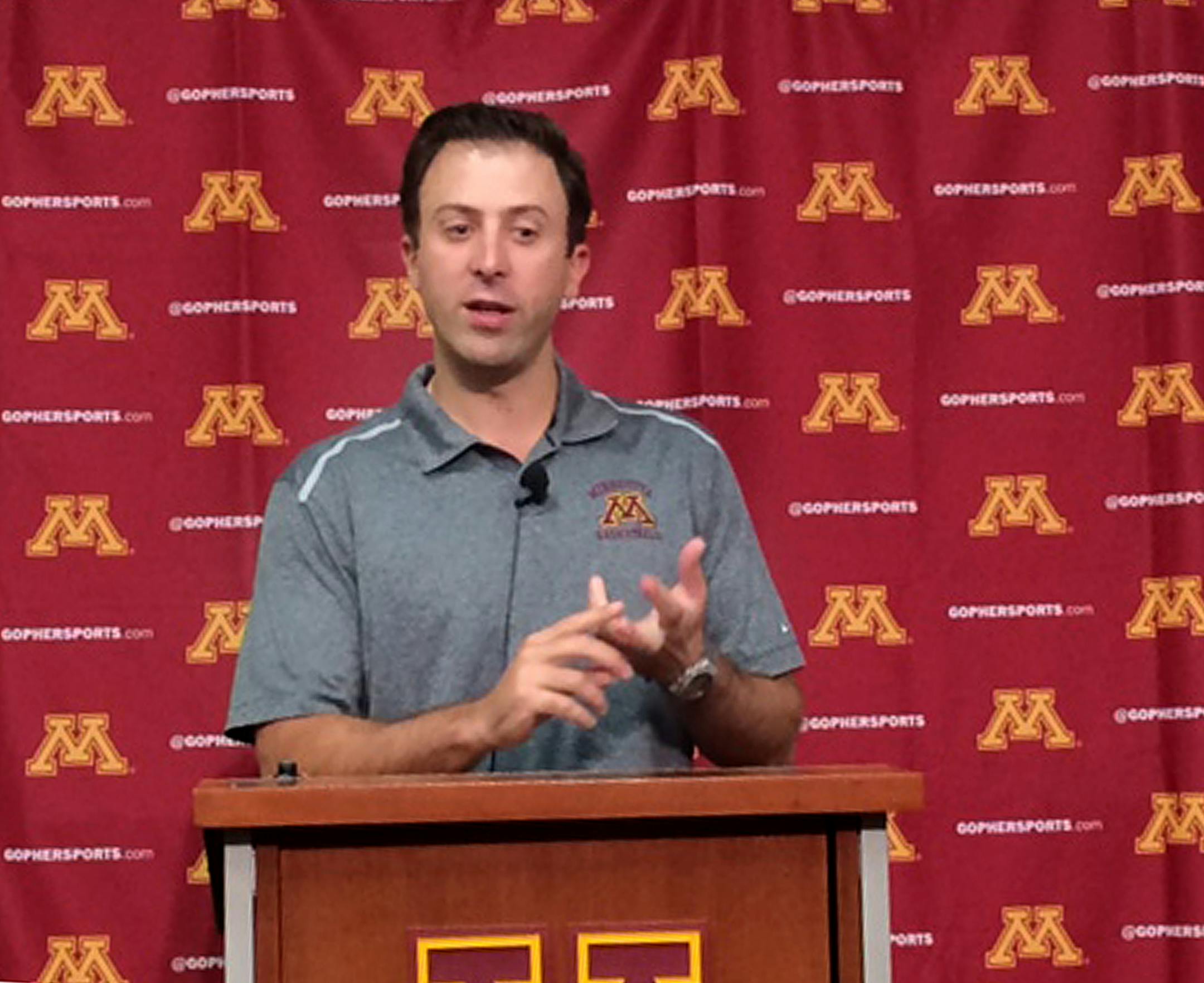 Gophers b-ball coach Richard Pitino hosts a press conference, scheduled for 1:45 on Tuesday at the Nagurski Building's football meeting room