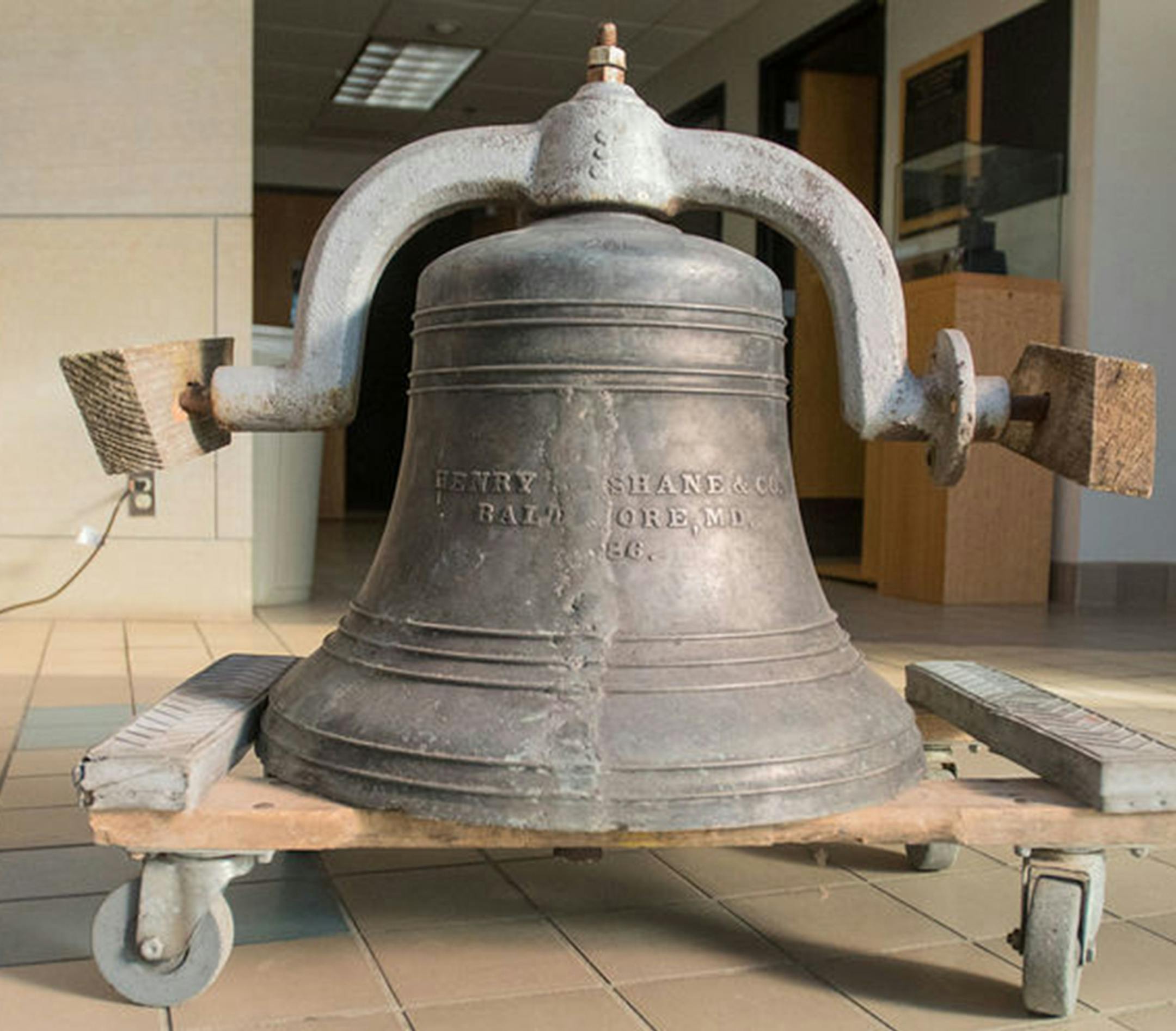 A bell mysteriously left outside of the doors of the Nicollet County Historical Society a couple of years ago is believed to have originated from the old high school in St. Peter, which was the Arts and Heritage Center when the building was destroyed in the 1998 tornado. Photo by Jackson Forderer