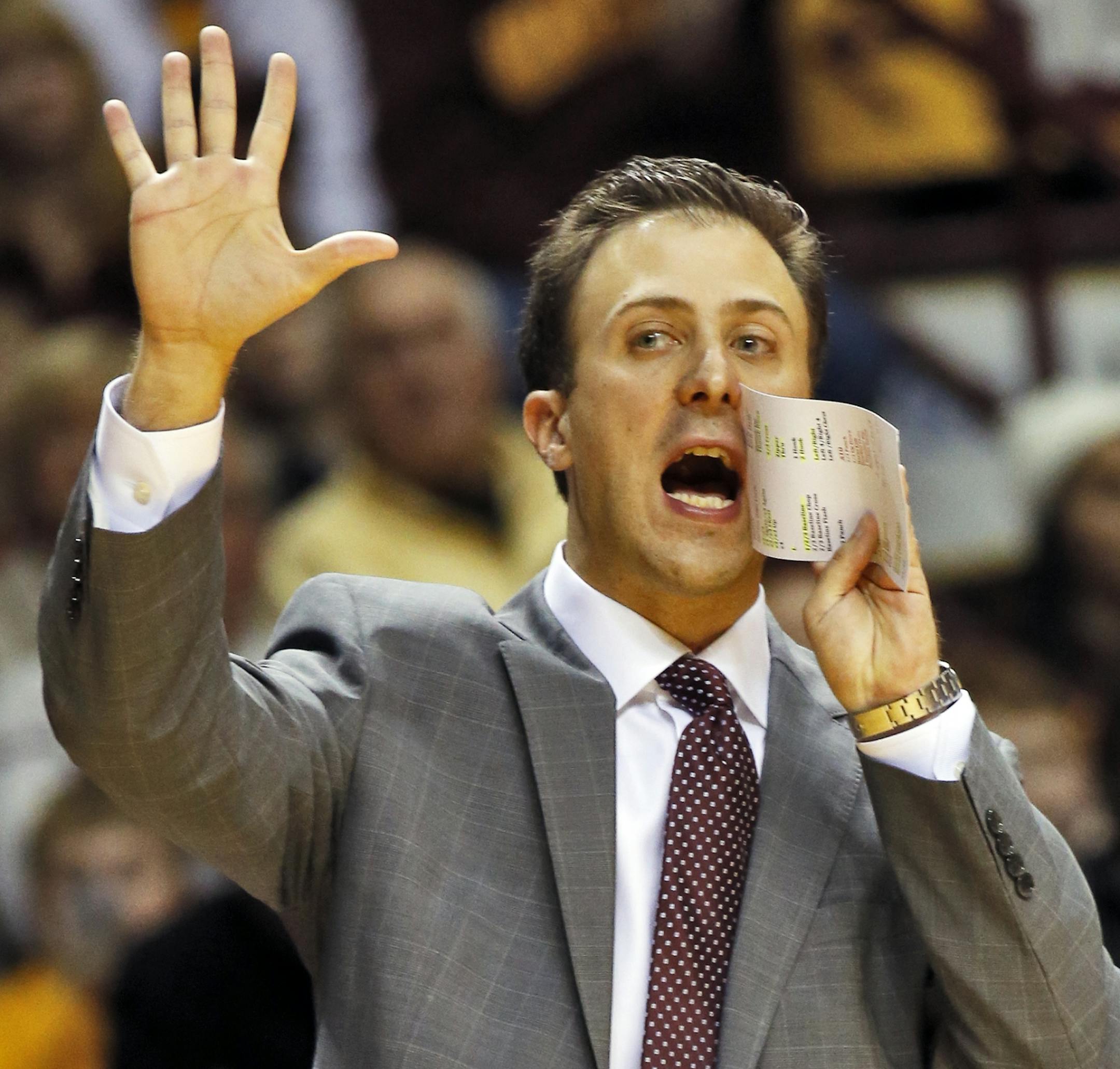 Minnesota Gophers mens basketball vs. Purdue. Minnesota won 82-79. Minnesota head coach Richard Pitino yelled out a play for his offense. (MARLIN LEVISON/STARTRIBUNE