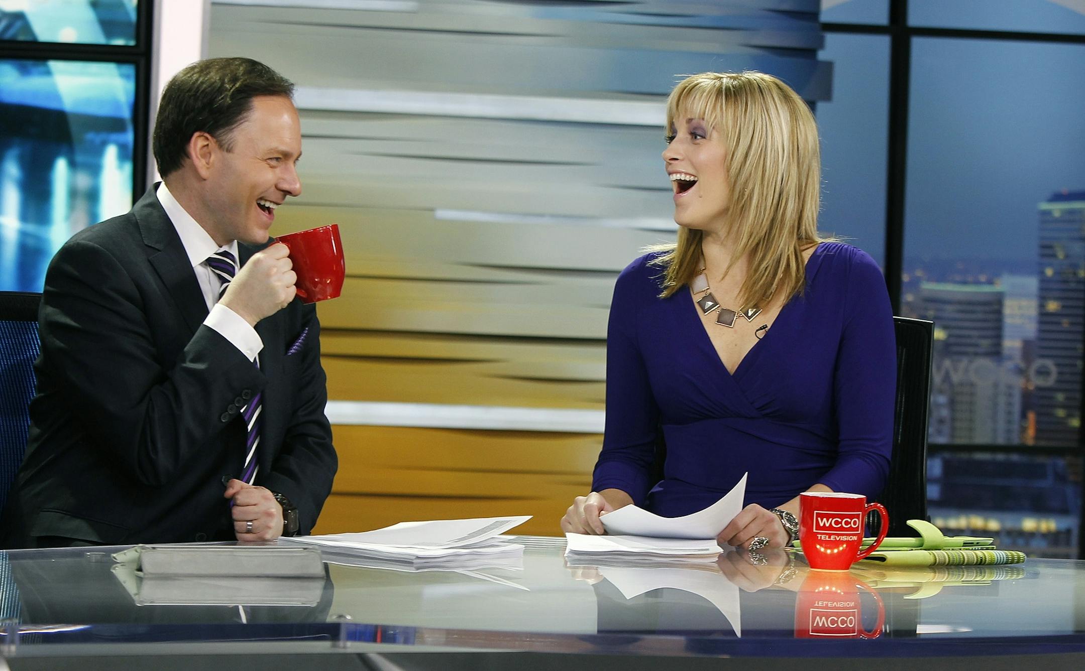 WCCO's morning show anchors Jason DeRusha and Jamie Yuccas shared a laugh before going on live, Tuesday, March 11, 2014 in Minneapolis.