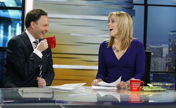 WCCO's morning show anchors Jason DeRusha and Jamie Yuccas shared a laugh before going on live, Tuesday, March 11, 2014 in Minneapolis.